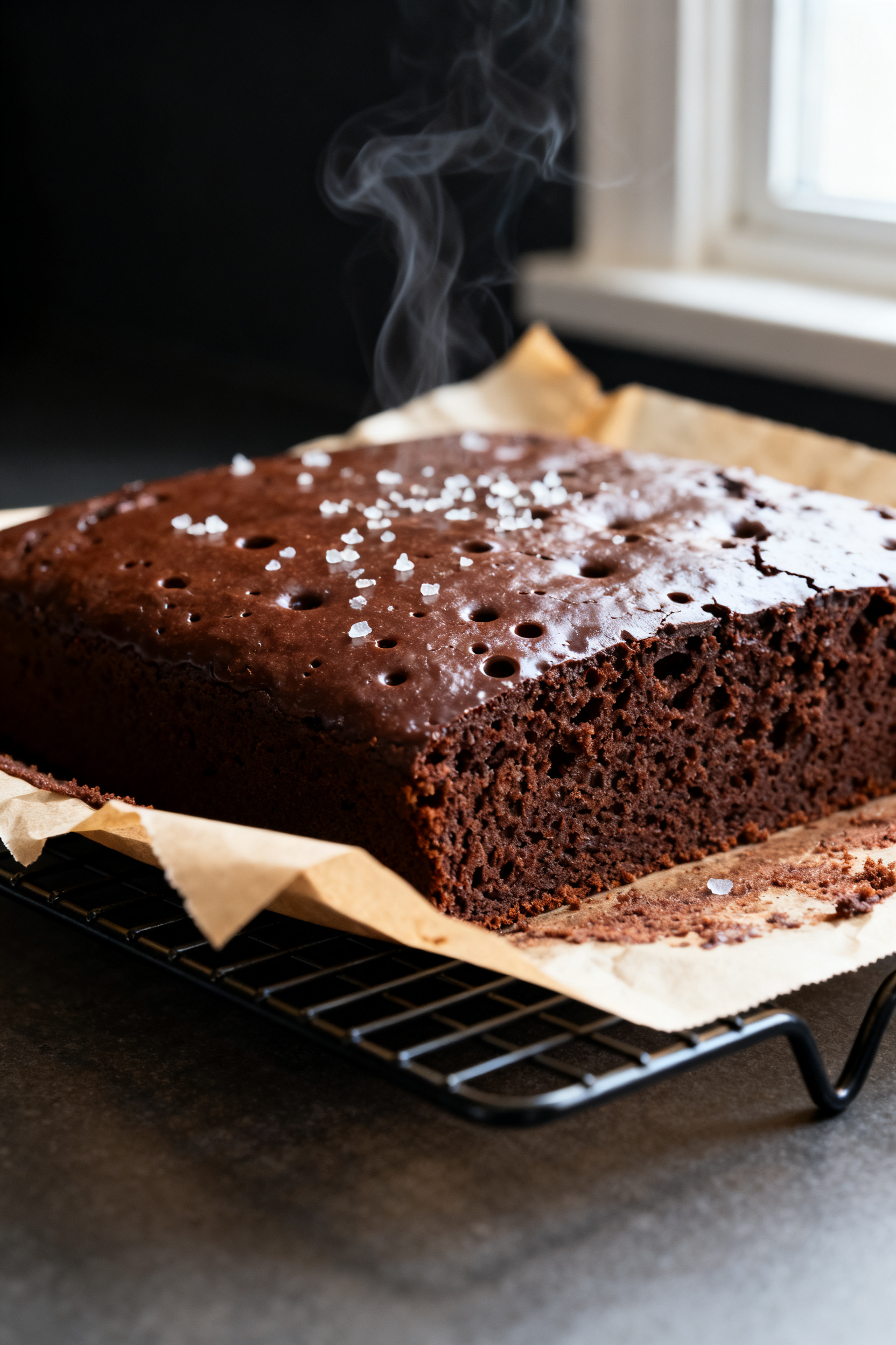 Close-up detail: A freshly baked vegan chocolate cake just turned out onto a wire rack, parchment pe