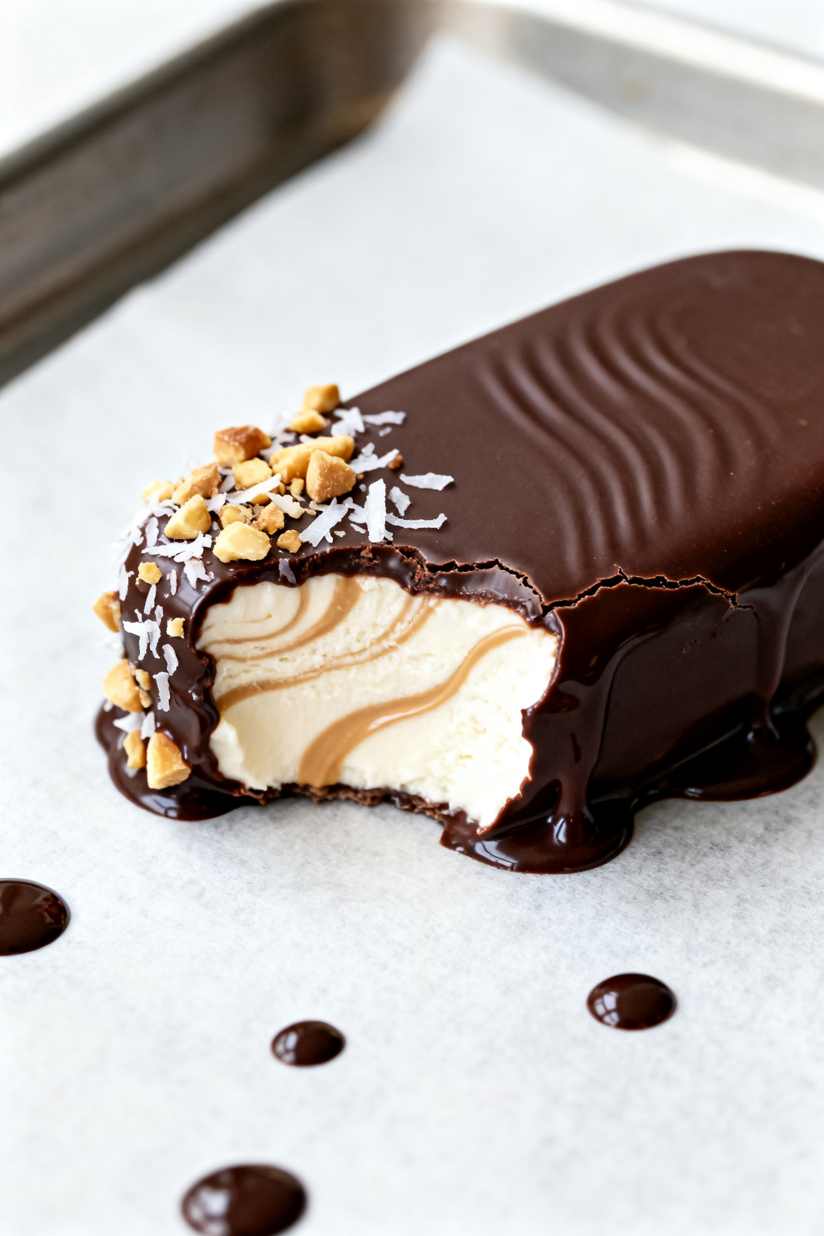 Close-up detail: A freshly dipped protein ice cream bar with a glossy dark chocolate shell mid-drip,