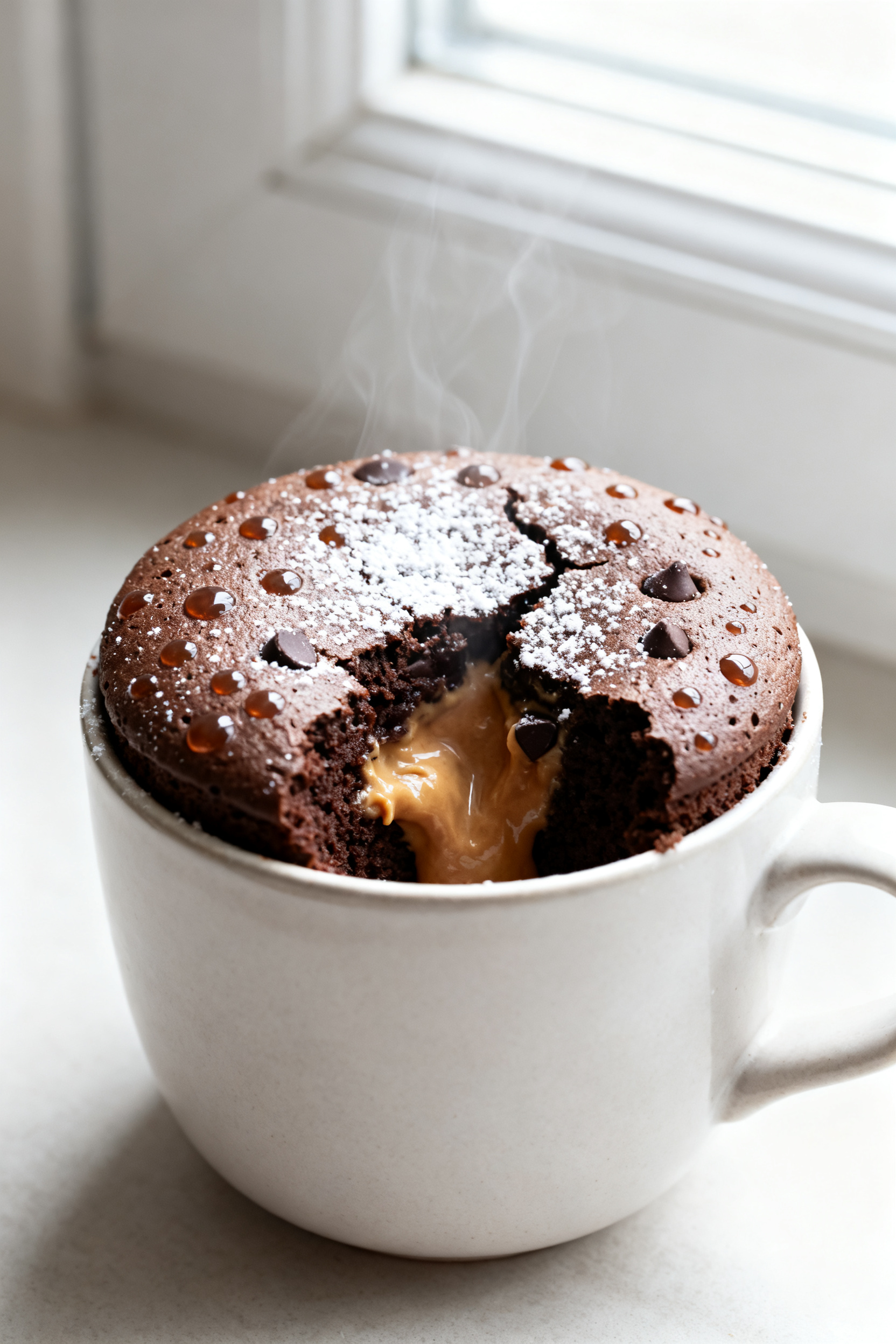 Close-up detail: A freshly microwaved chocolate mug cake in a wide, 12-oz ceramic mug, the domed top