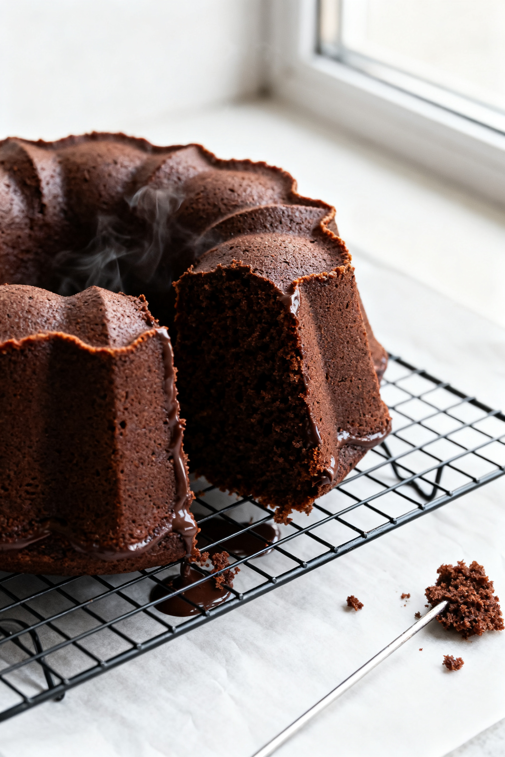 Close-up detail: A freshly unmolded chocolate bundt cake cooling on a wire rack, steam-soft crumb vi