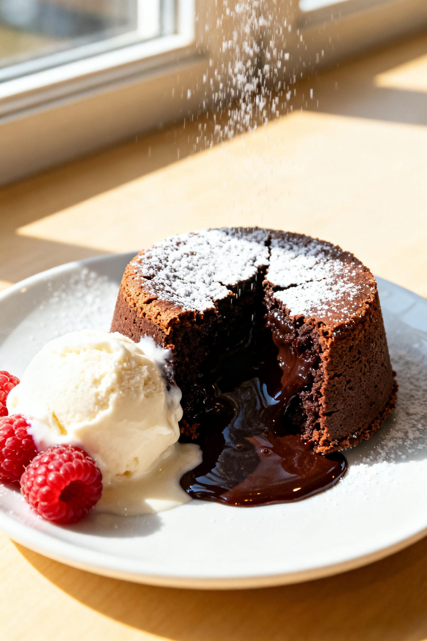 Close-up detail: A freshly unmolded chocolate lava cake just broken open, molten dark chocolate cent
