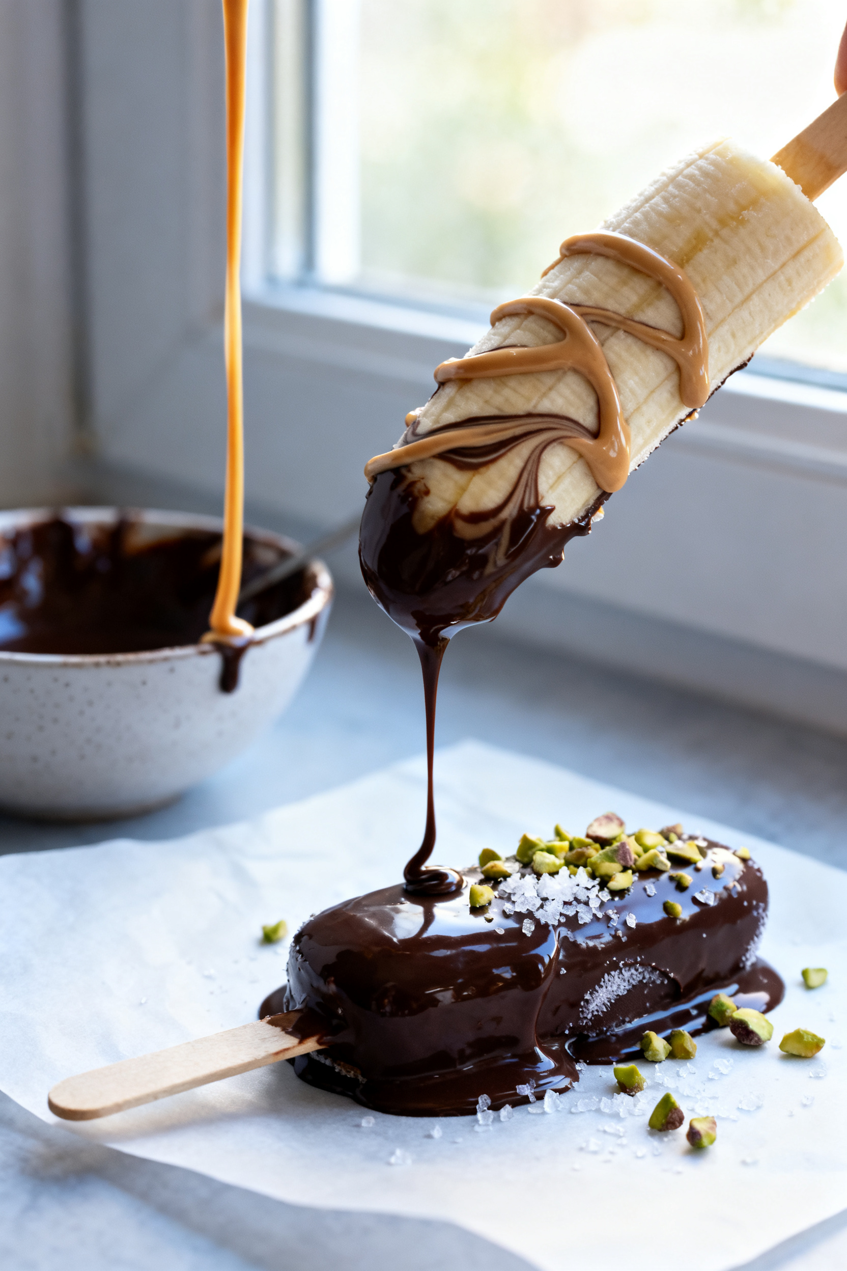 Close-up detail: A frozen banana pop just dipped in glossy dark chocolate with a touch of coconut oi