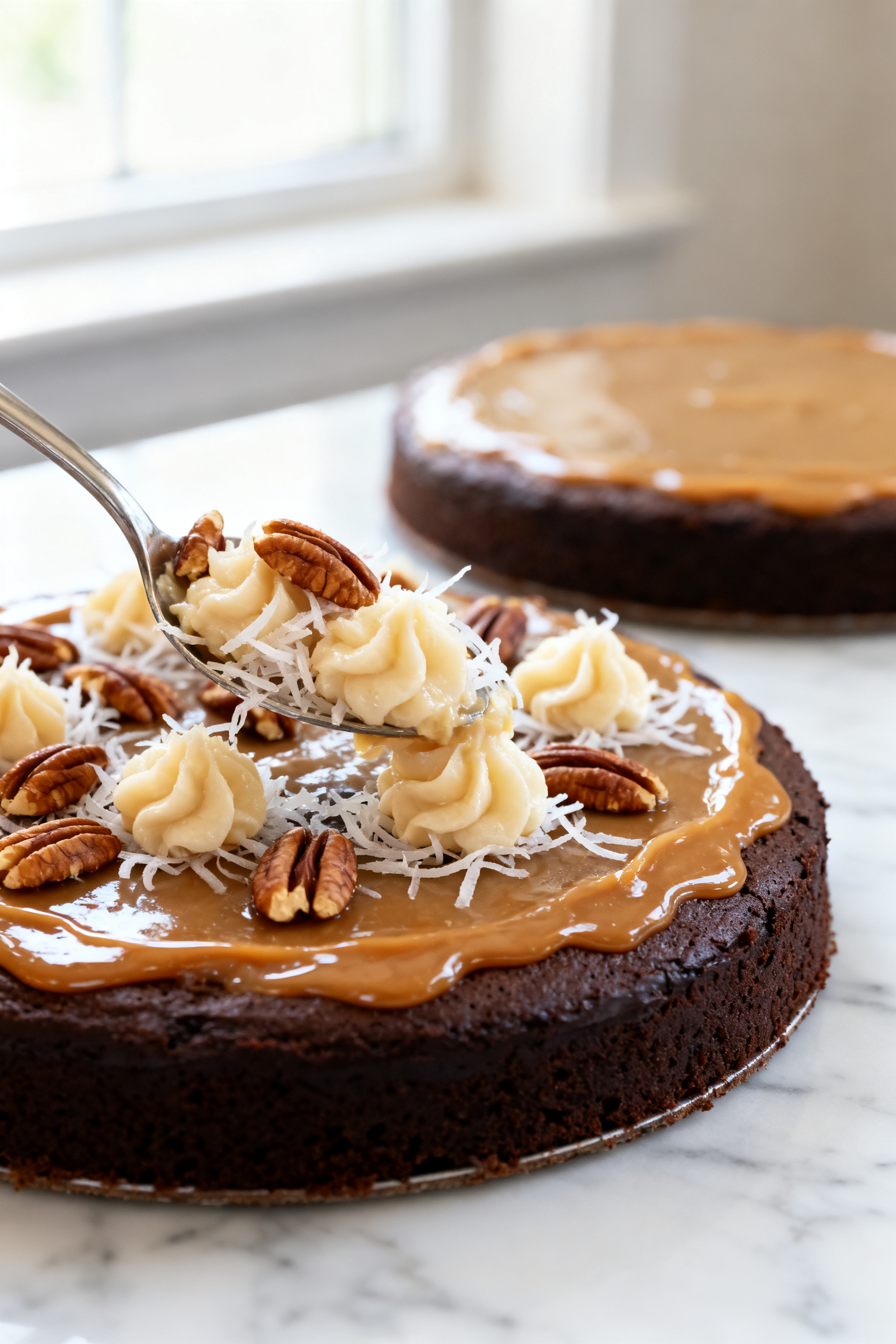 Close-up detail: A glossy, just-cooled coconut-pecan filling spooned onto a fully baked chocolate ca