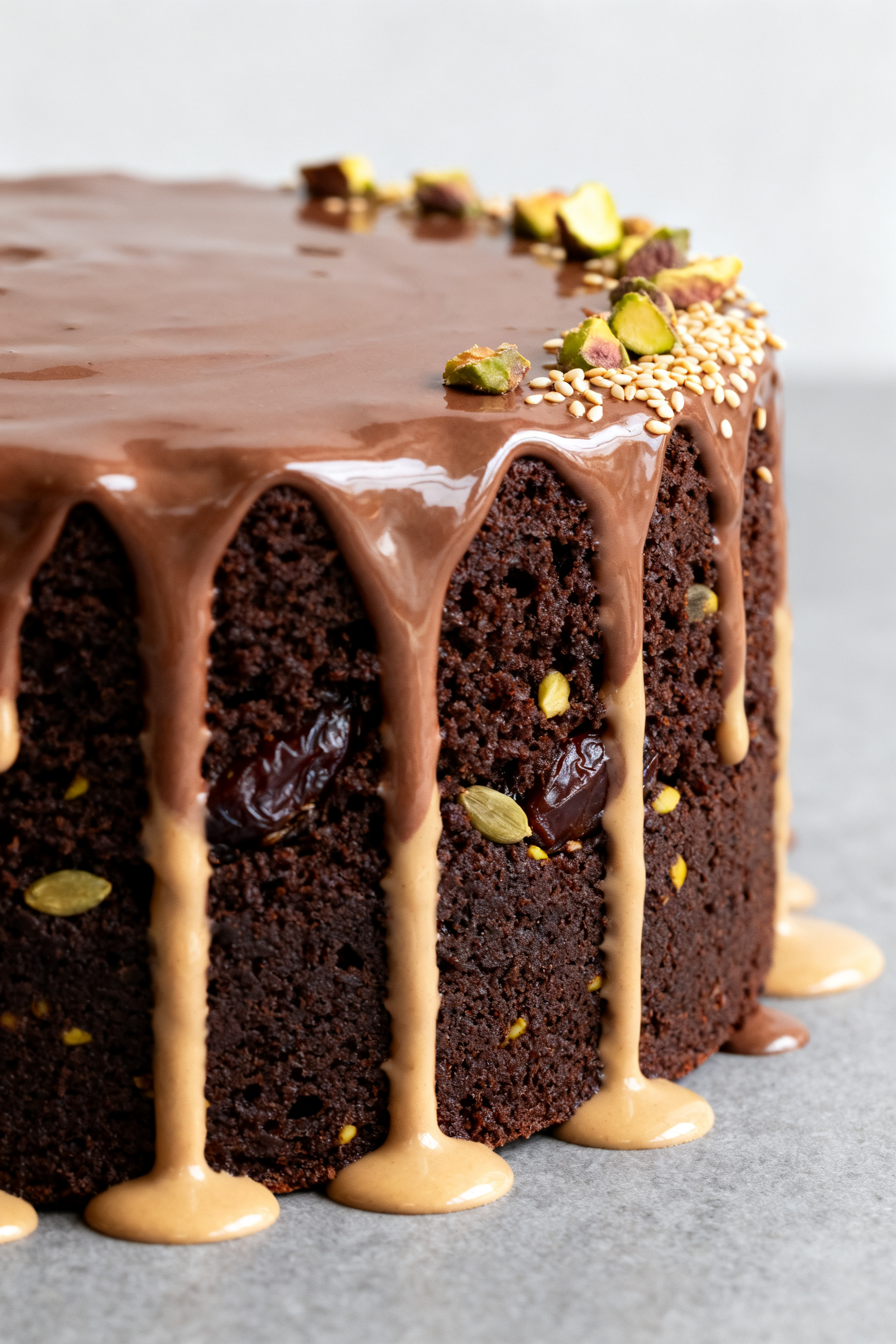 Close-up detail: A glossy pour of tahini-chocolate ganache cascading over a fully cooled, single-lay