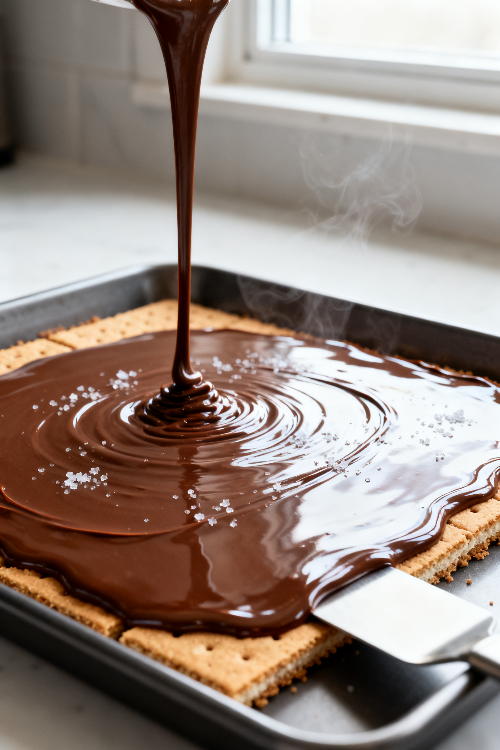 Close-up detail: A glossy pour of warm chocolate ganache spreading over the final graham cracker lay