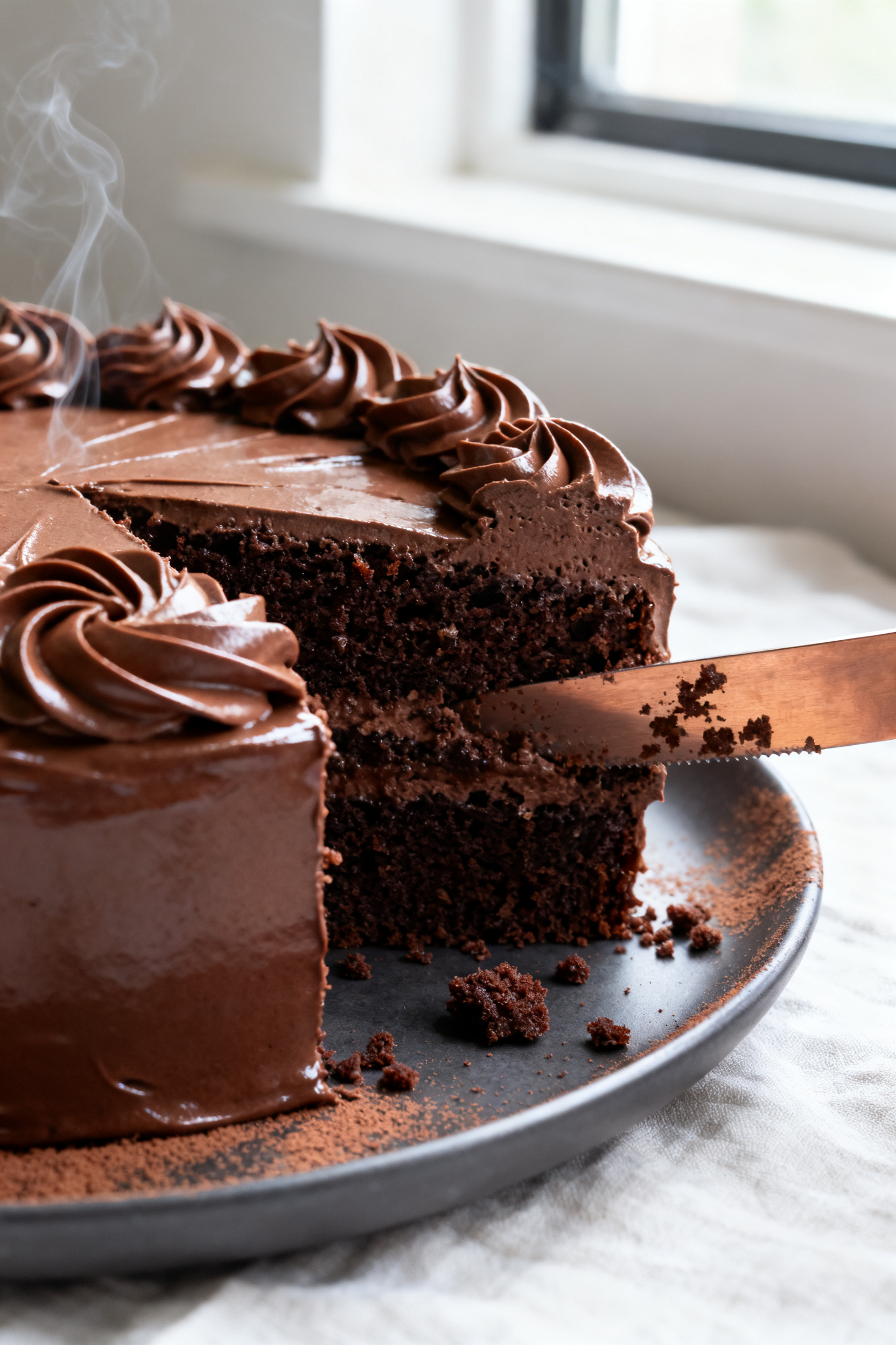 Close-up detail: A glossy slice of moist chocolate layer cake just cut, showing an ultra-tender crum