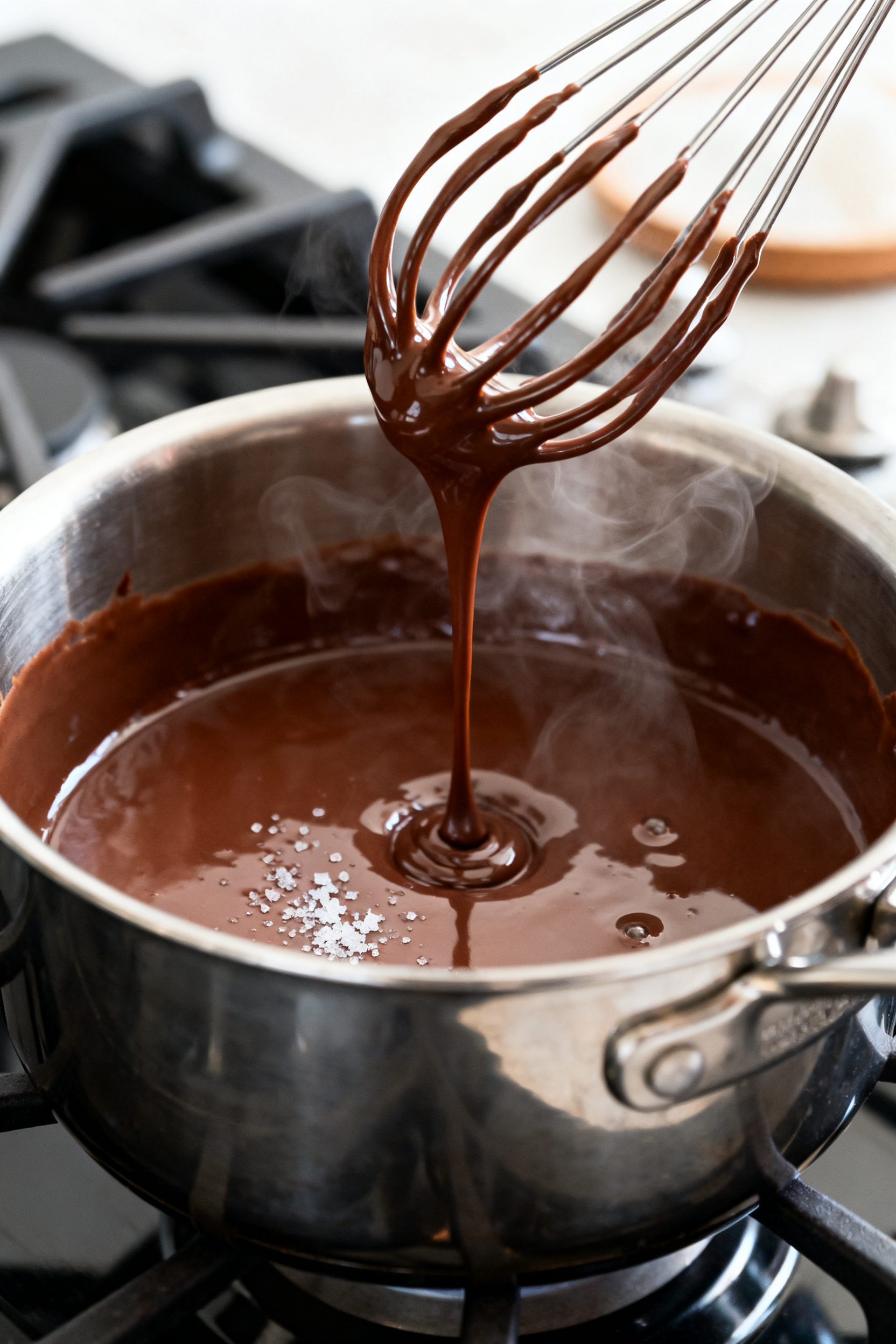 Close-up detail: A glossy, ultra-smooth stream of melted keto chocolate mixture being whisked in a s