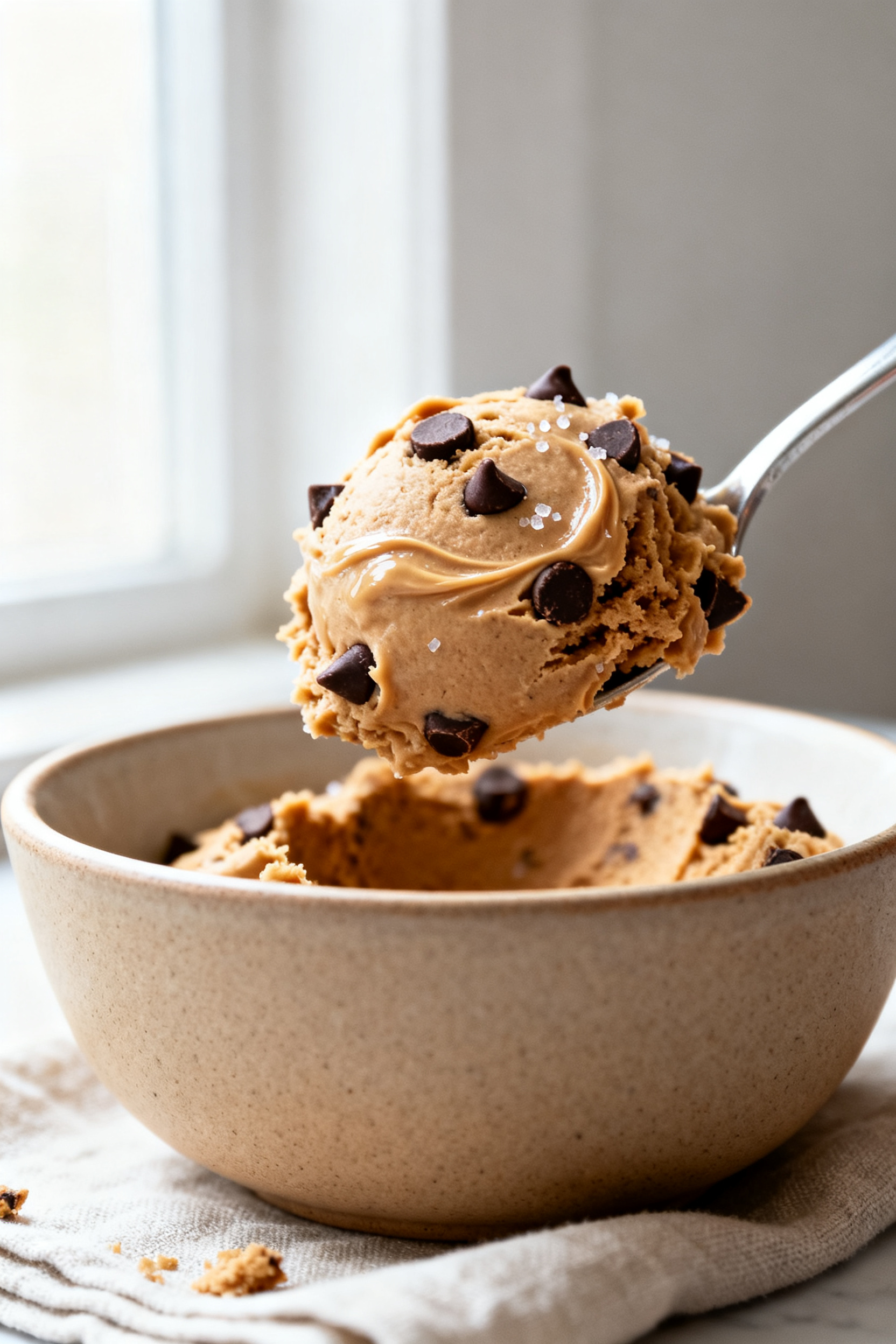 Close-up detail: A heaping spoonful of prepared protein chocolate chip cookie dough lifted from a bo