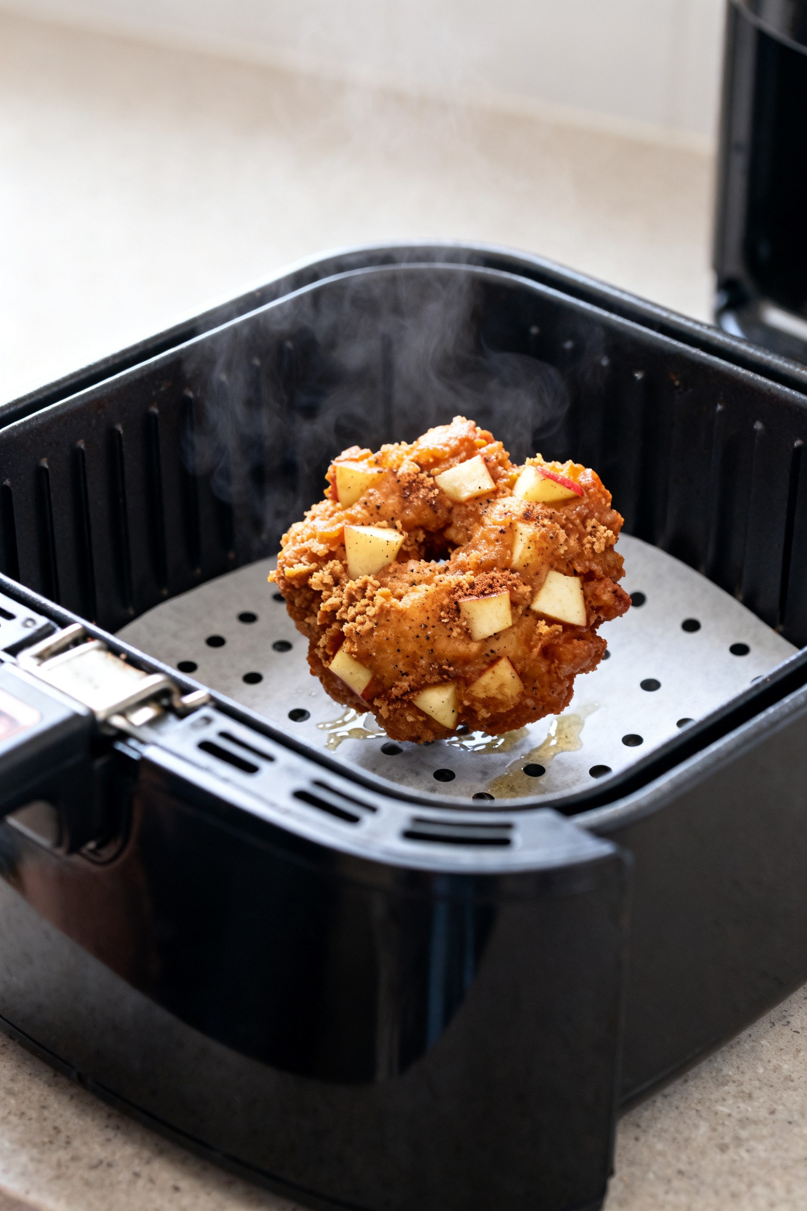 Close-up detail: A just-air-fried apple fritter flipped and finished to deep golden brown in an open
