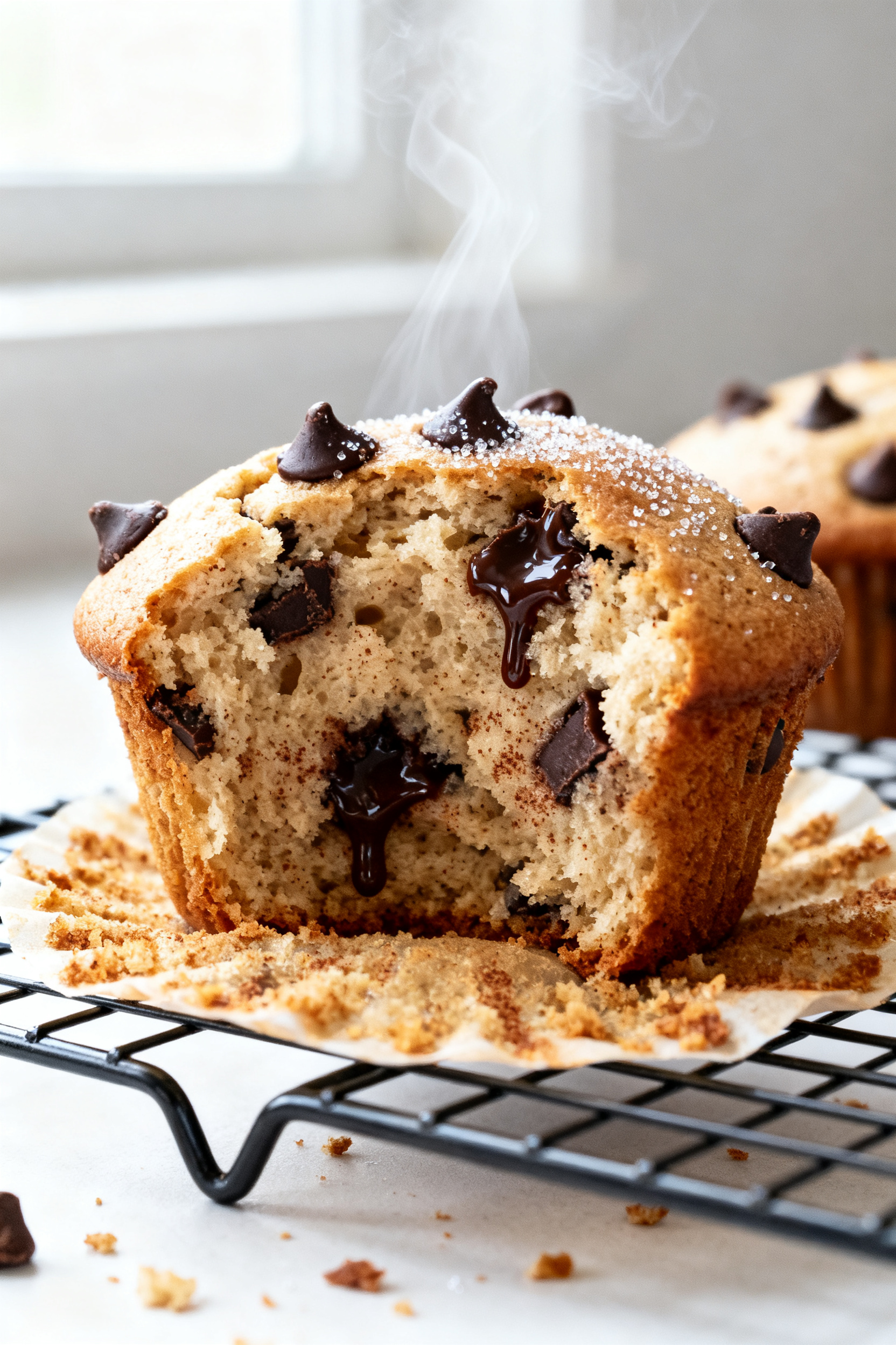 Close-up detail: A just-baked banana chocolate chip muffin torn open on a wire rack, revealing a sof