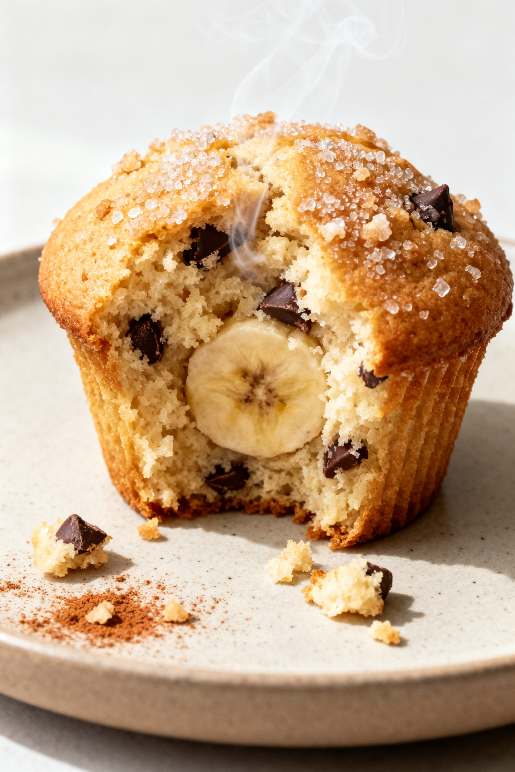 Close-up detail: A just-baked banana muffin torn open to reveal a moist, tender crumb with tiny bana