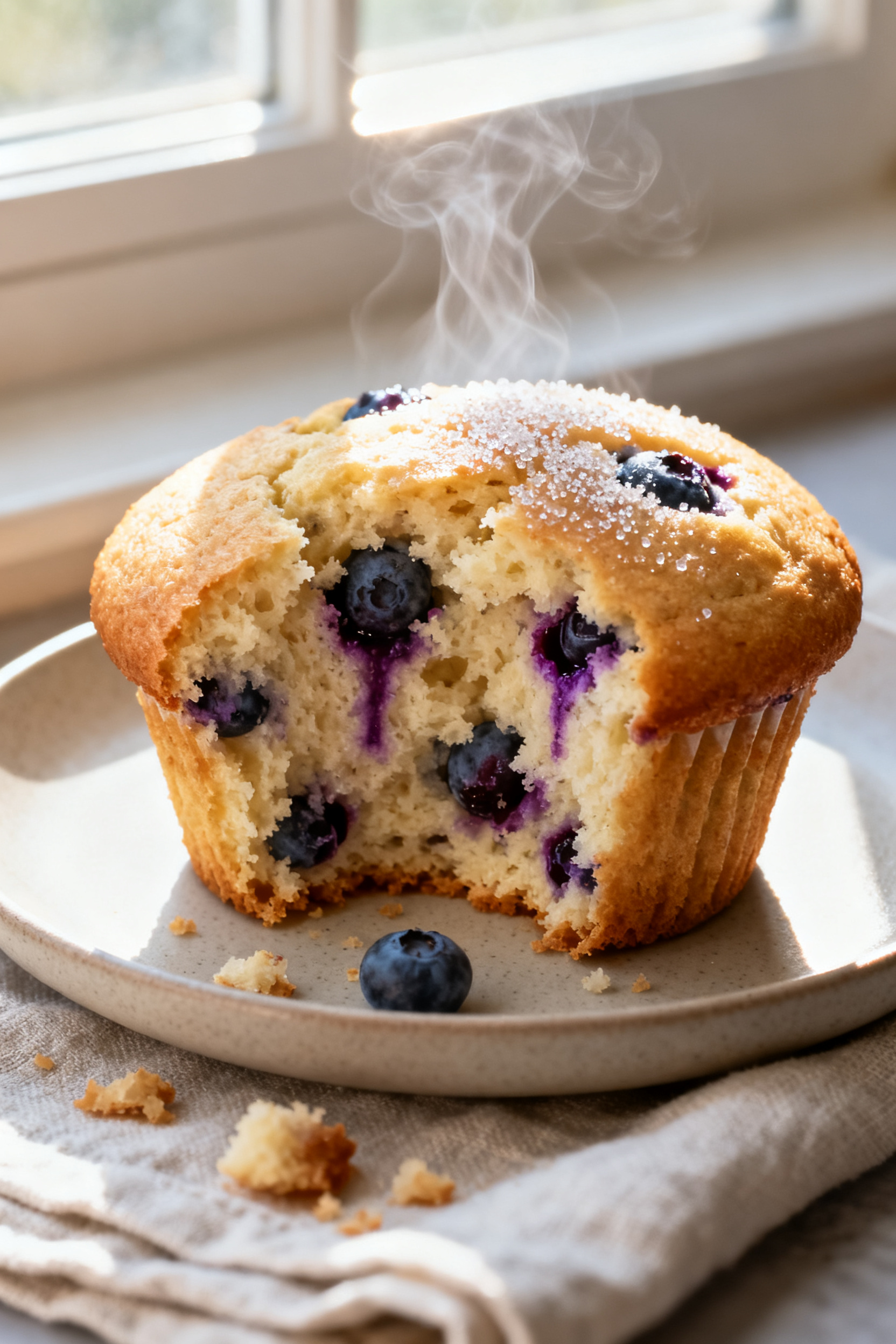 Close-up detail: A just-baked blueberry muffin torn open to reveal a moist, tender crumb studded wit