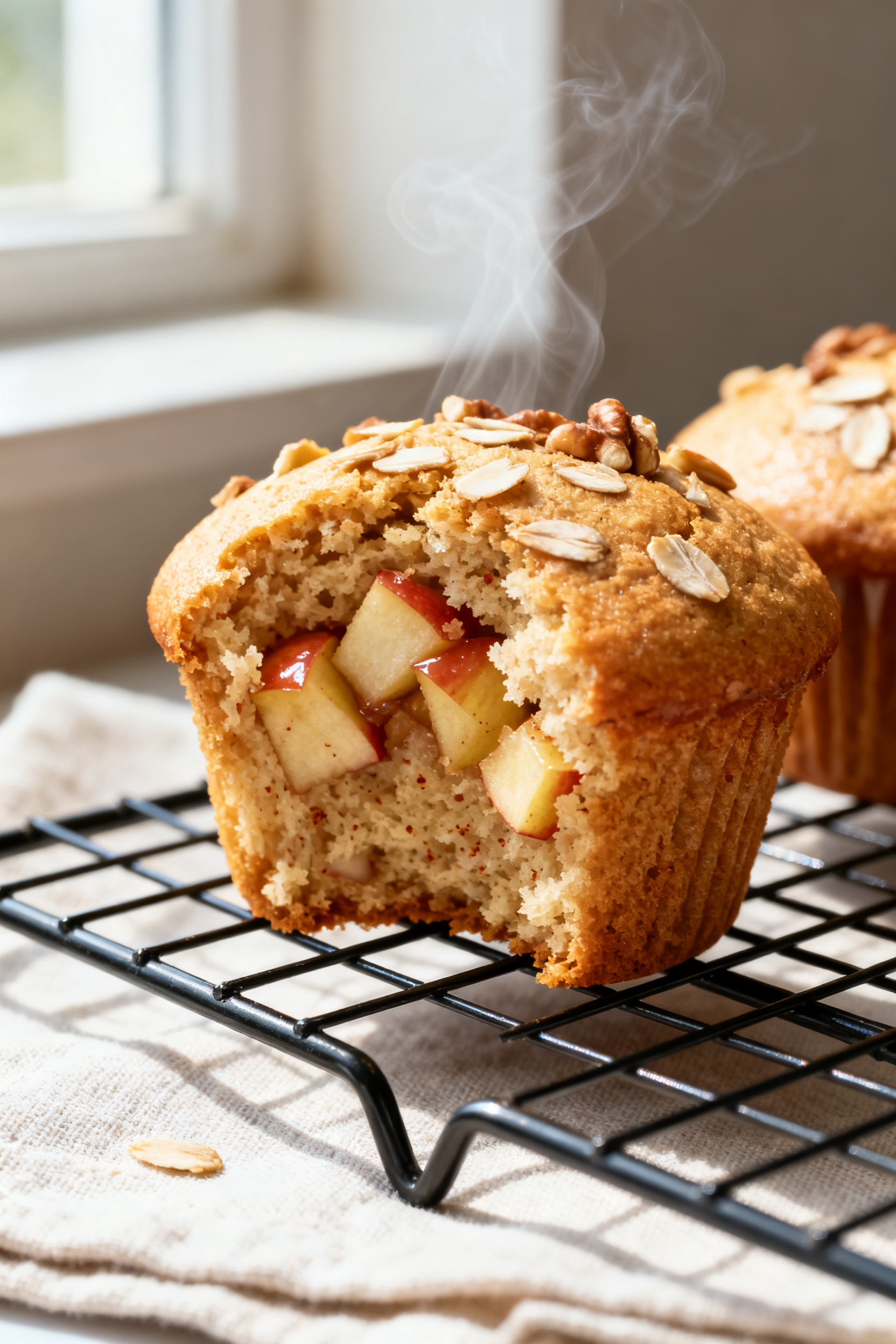 Close-up detail: A just-baked no sugar apple muffin torn open to reveal a moist, tender crumb with v
