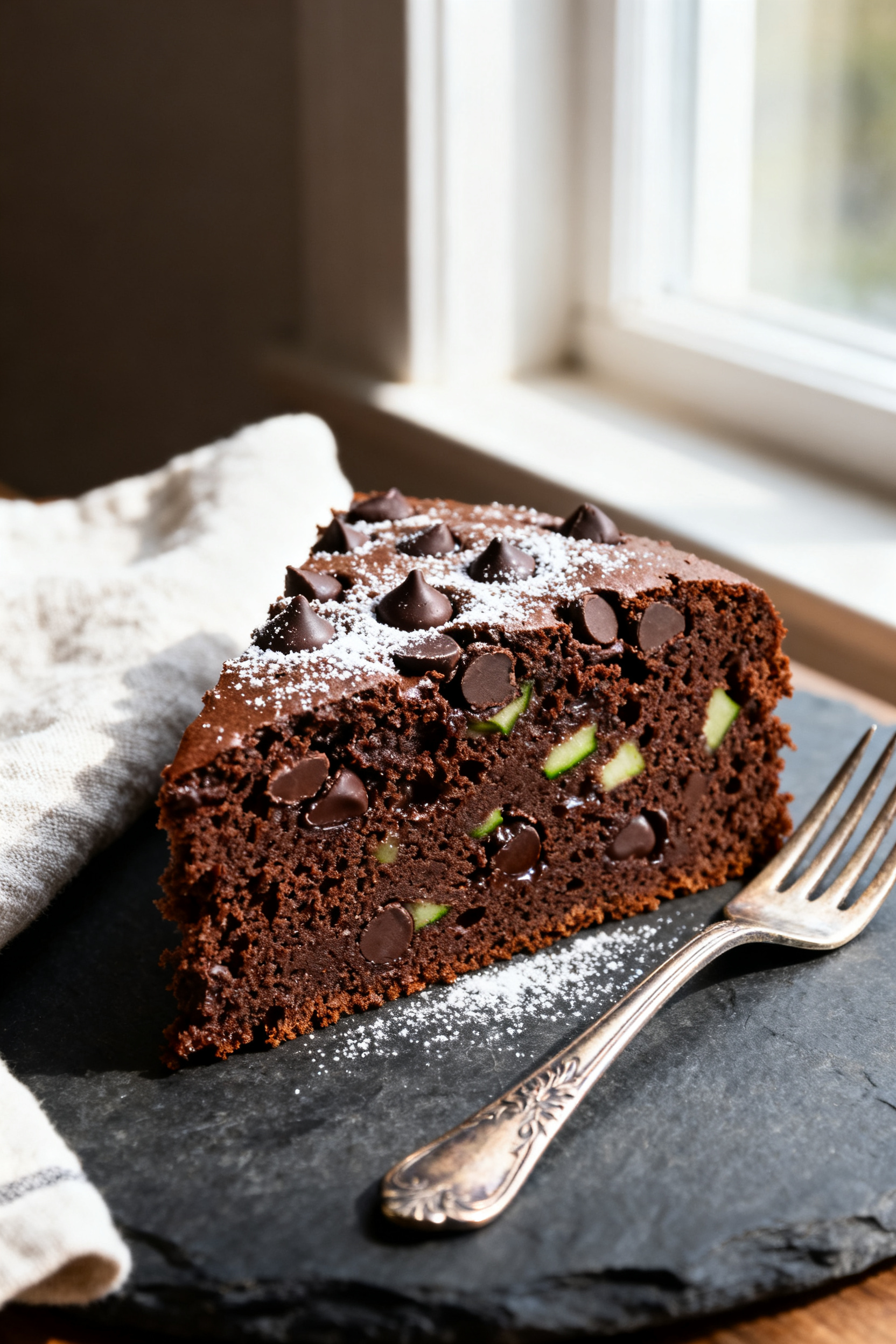 Close-up detail: A just-baked slice of chocolate zucchini cake with a fudgy, ultra-moist crumb studd