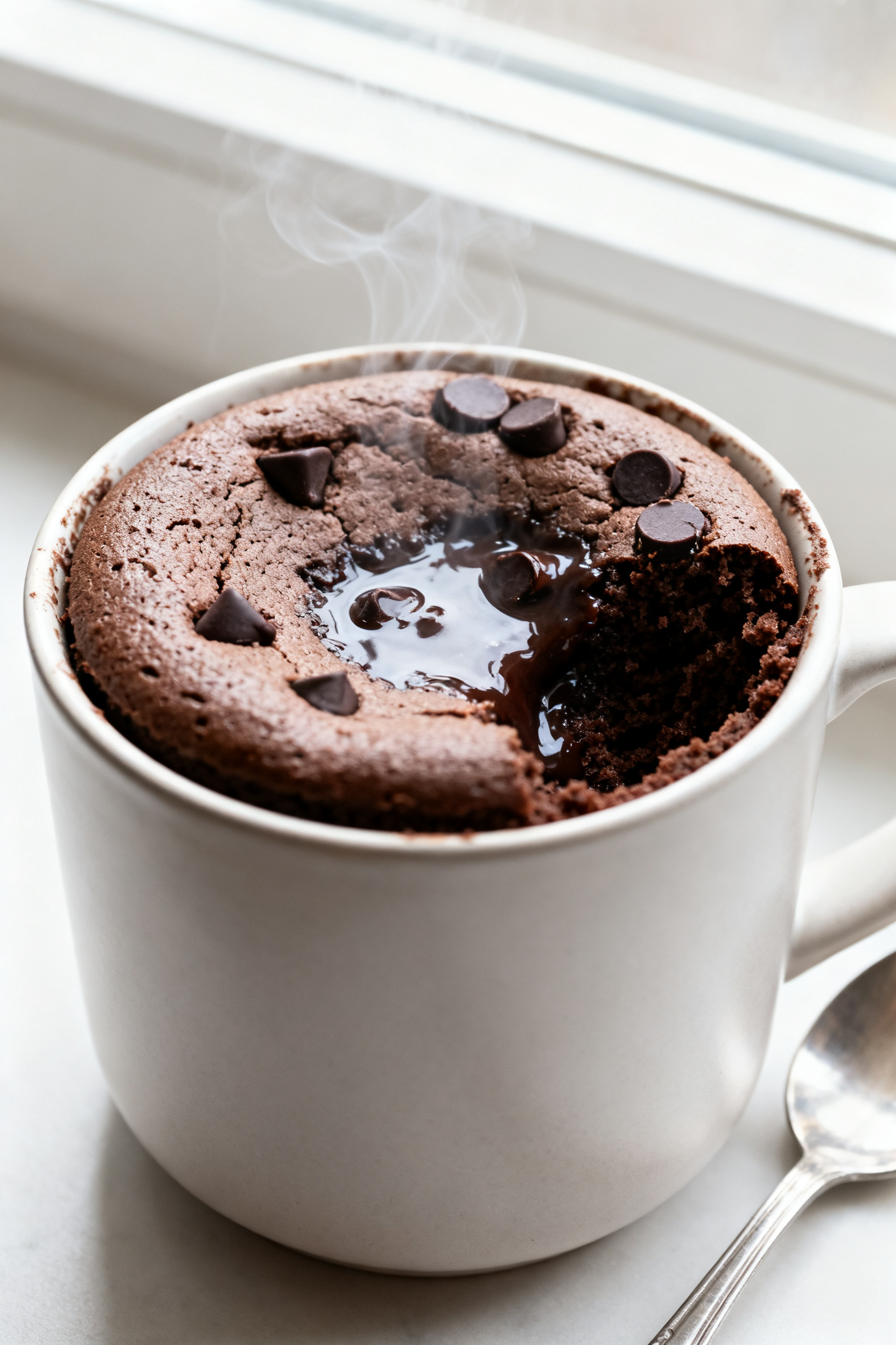 Close-up detail: A just-cooked chocolate mug cake in a wide 12-oz ceramic mug, center slightly gloss