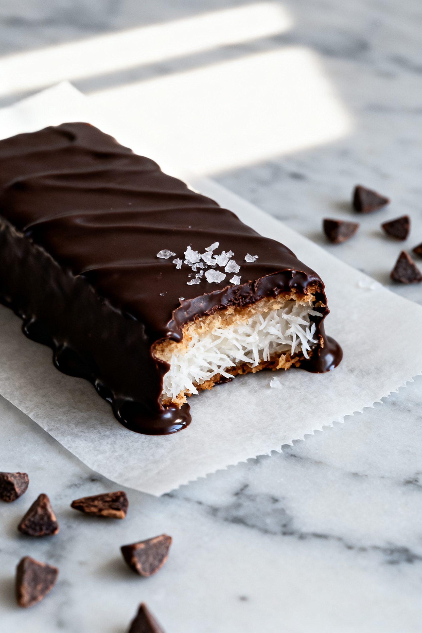 Close-up detail: A just-dipped Keto Chocolate Coconut Bar resting on parchment, glossy dark chocolat