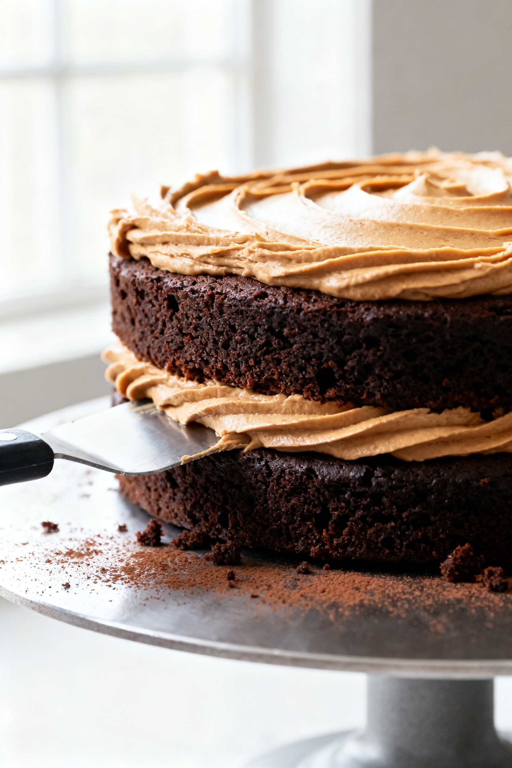 Close-up detail: A just-frosted chocolate layer cake mid-assembly, showing a thick, silky peanut but