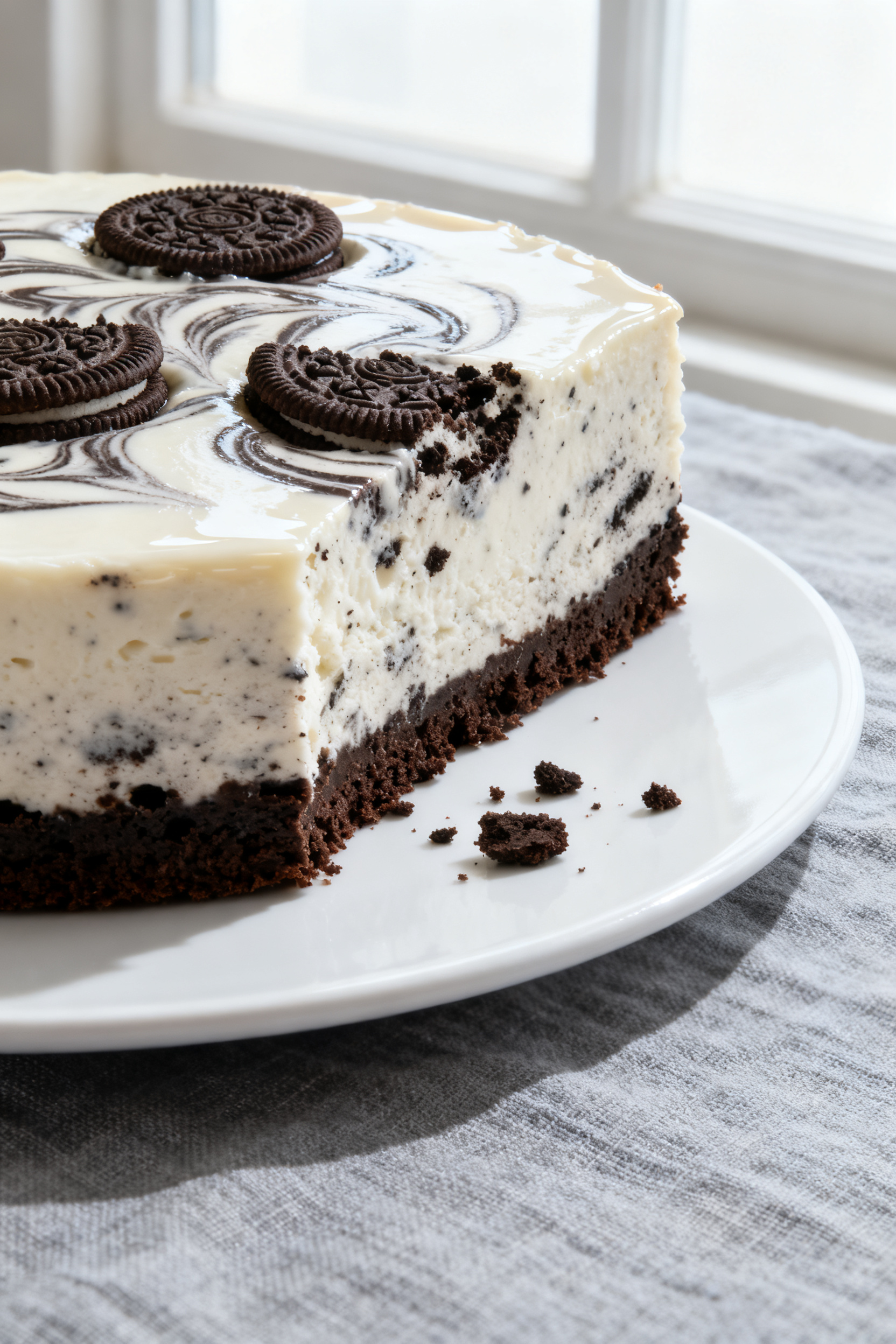 Close-up detail: A just-unmolded cookies-and-cream cheesecake slice with a glossy, crack-free surfac