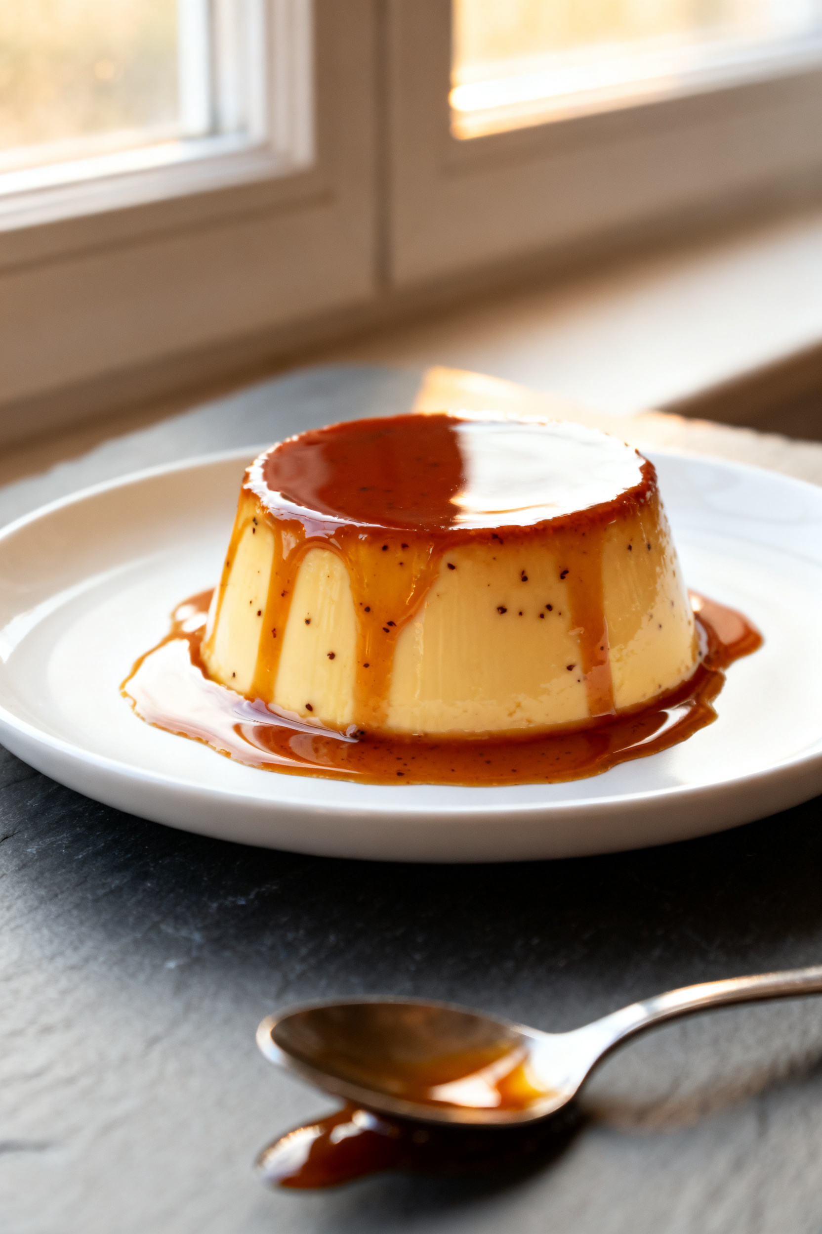 Close-up detail: A just-unmolded protein flan with glossy, deep-amber caramel sauce cascading down t