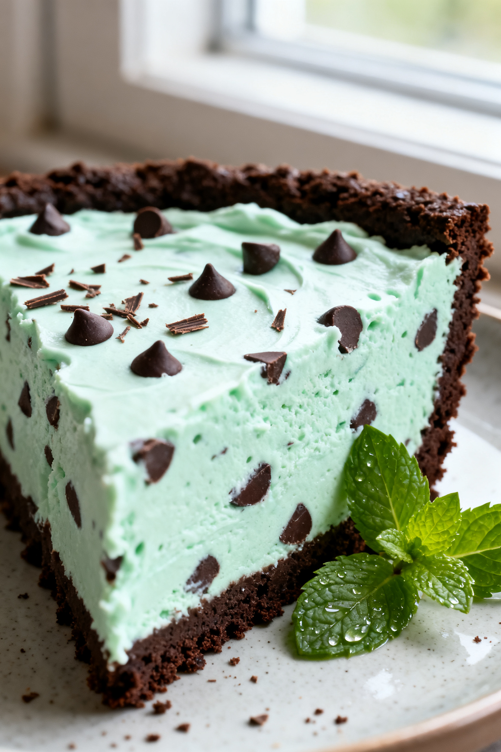 Close-up detail: A silky slice of Mint Chocolate Pie just cut, showing the light mint-green whipped 
