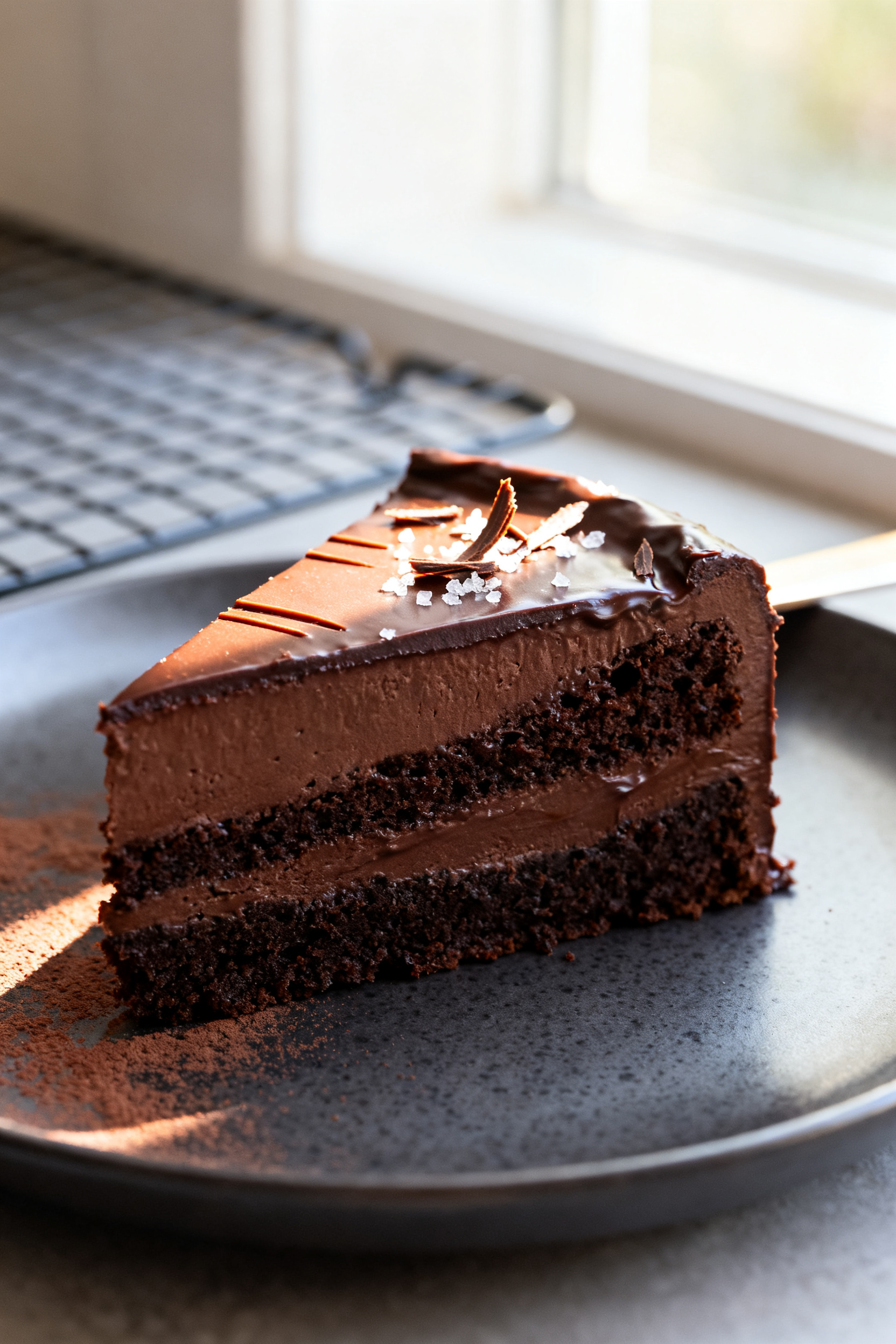 Close-up detail: A single slice of chocolate truffle cake just after cutting, showcasing a dense, mo