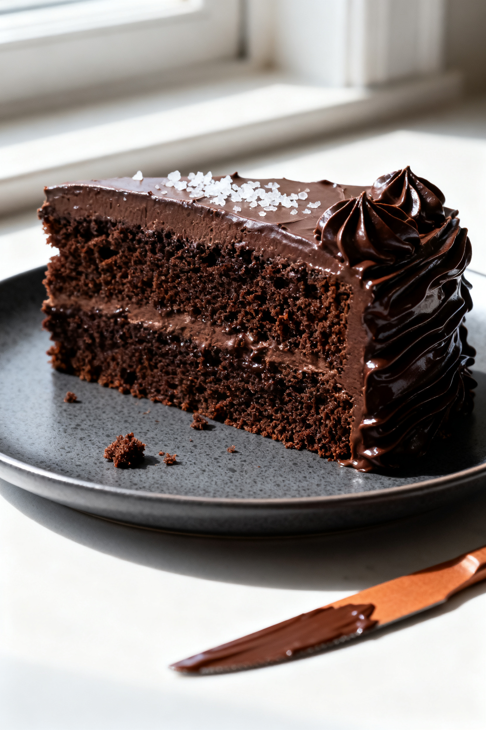 Close-up detail: A single slice of dark chocolate layer cake on a matte charcoal plate, rich dark ch
