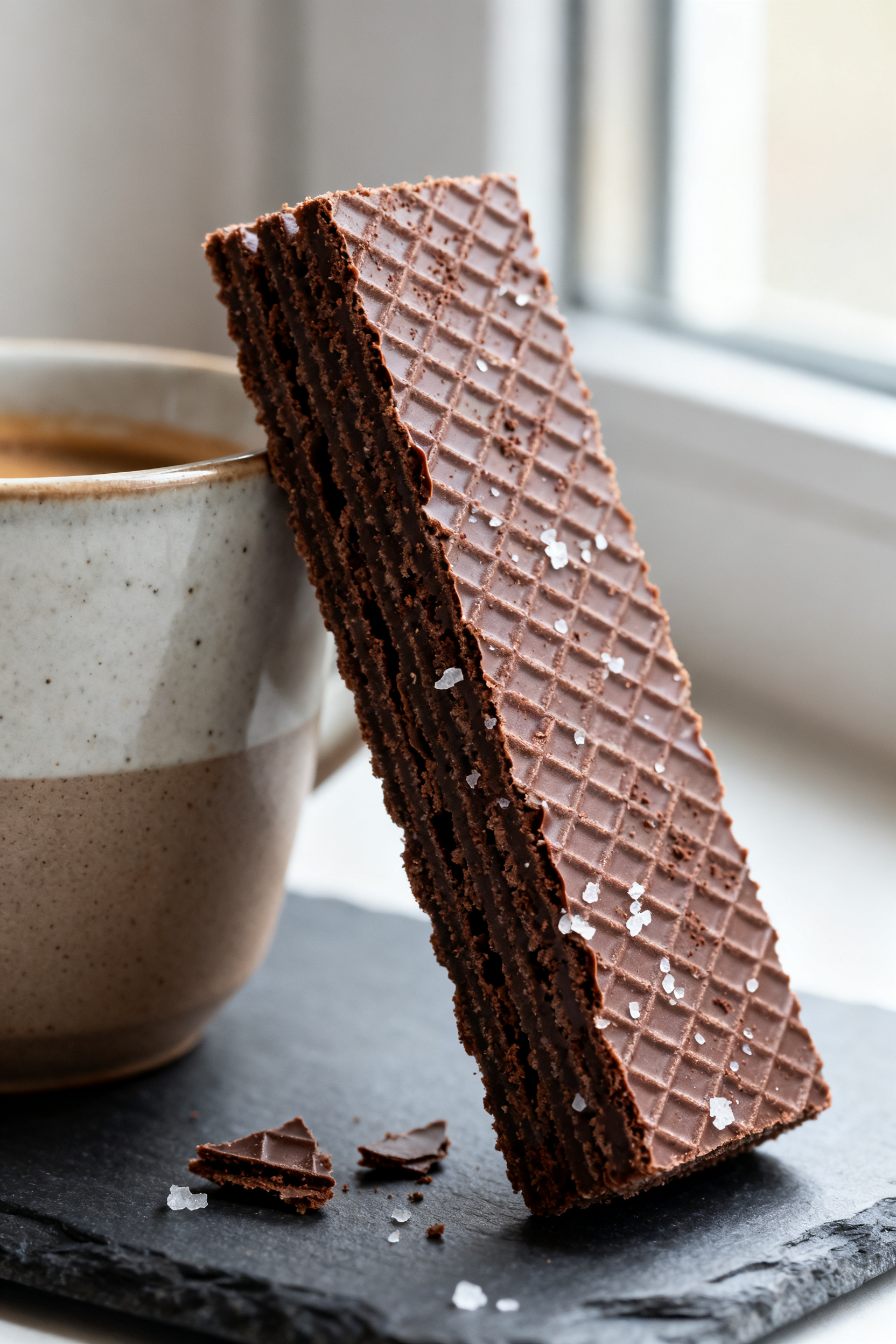 Close-up detail: A stack of finished keto chocolate wafer cookies leaning casually against a ceramic
