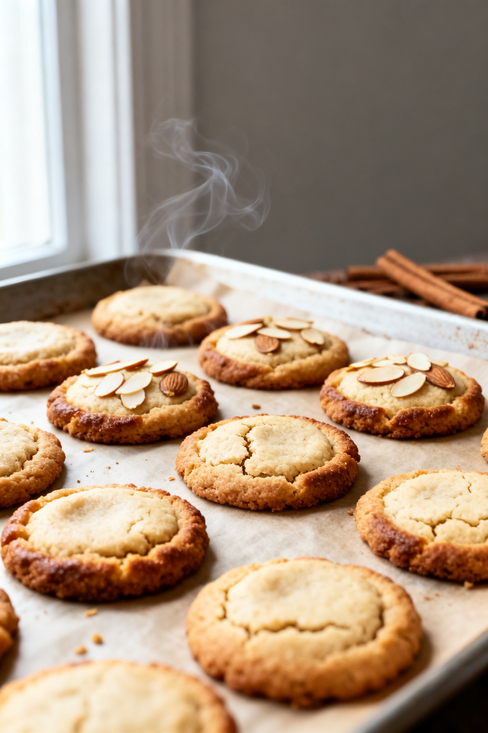 Close-up detail: A warm tray of freshly baked no-sugar almond cookies just out of the oven, edges go