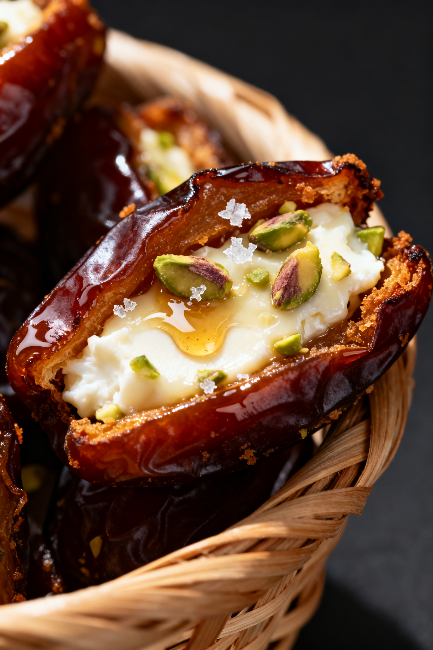 Close-up detail: Air-fried stuffed Medjool dates just out of the basket, cut-side up with caramelize