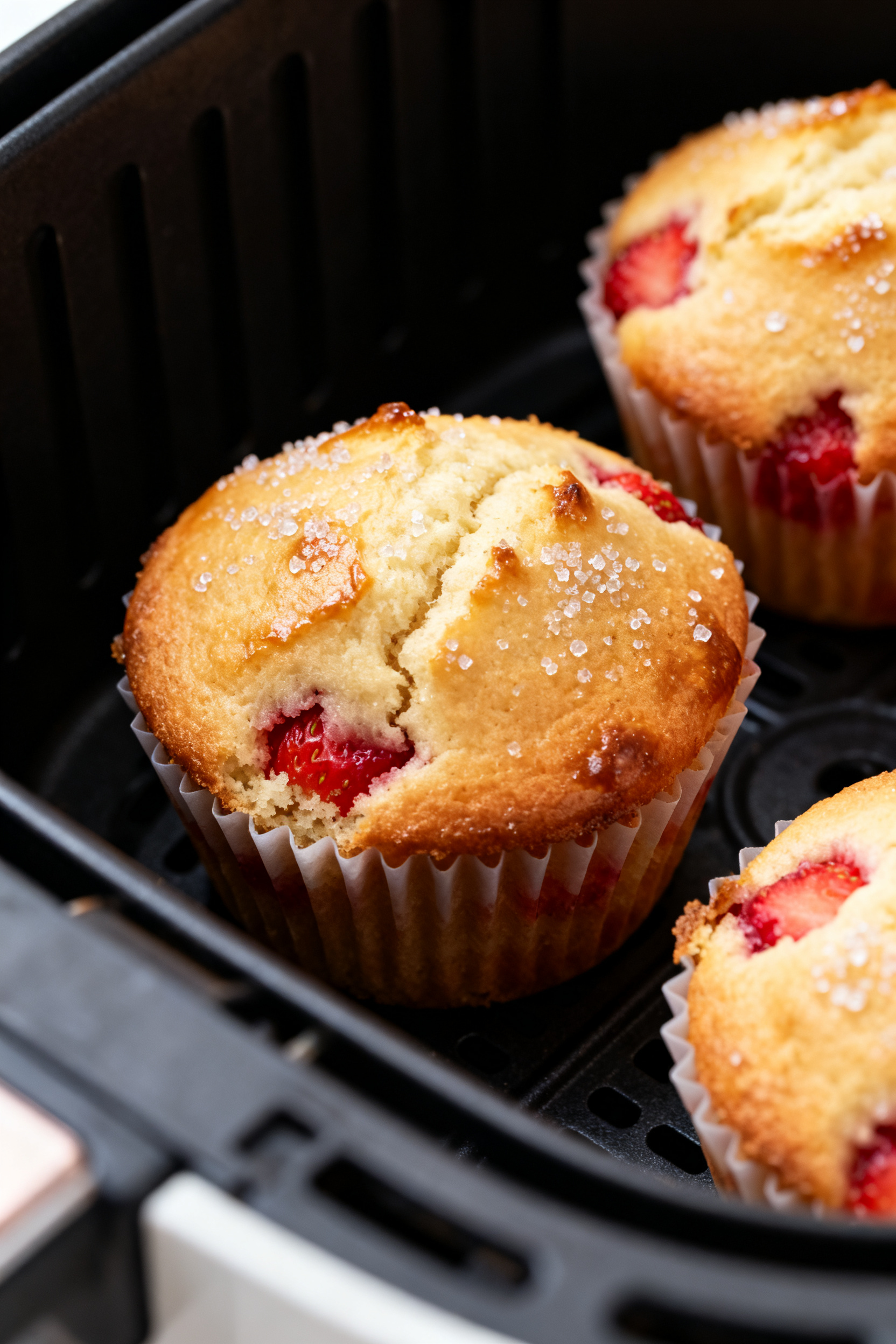 Close-up detail: Freshly air-fried strawberry muffins still in silicone cups inside an air fryer bas