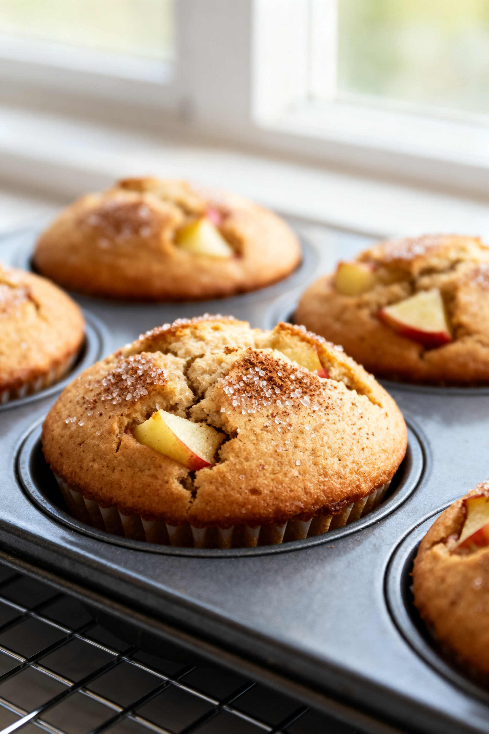 Close-up detail: Freshly baked apple muffins just out of the tin, golden domed tops with coarse suga