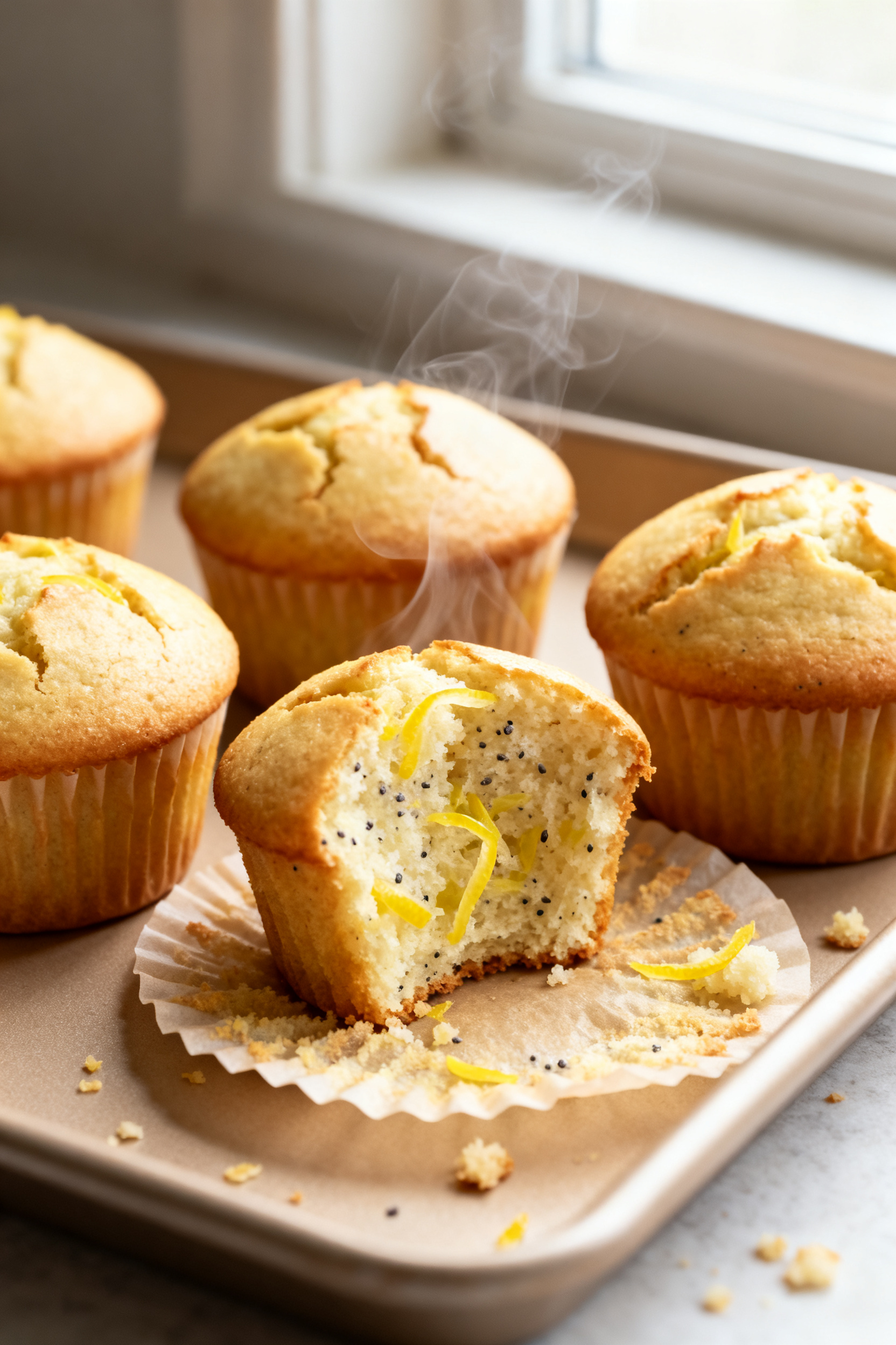 Close-up detail: Freshly baked sugar-free lemon muffins just out of the oven, golden domed tops with