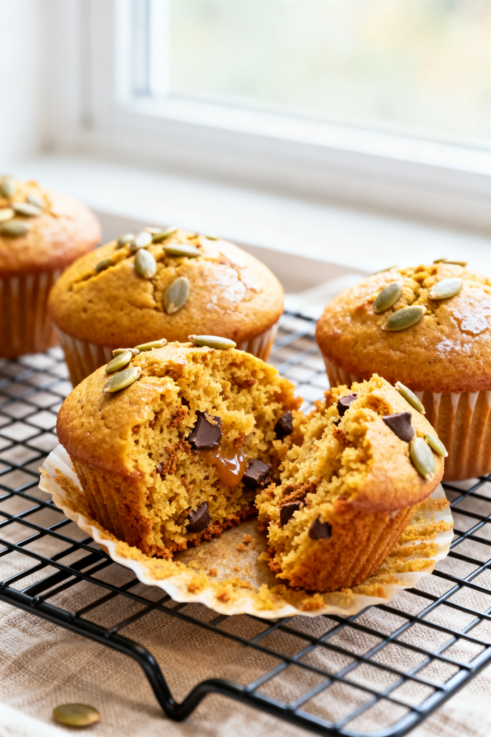 Close-up detail: Freshly baked sugar-free pumpkin muffins just out of the oven, golden domed tops wi