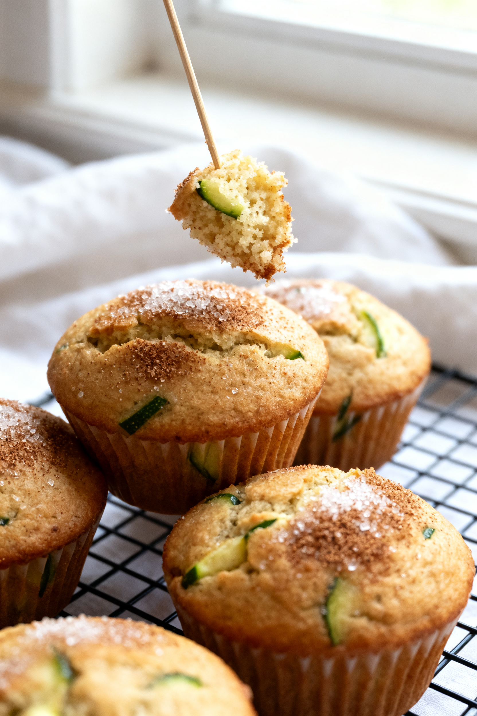Close-up detail: Freshly baked zucchini muffins just out of the pan, tops domed and sprinkled with c