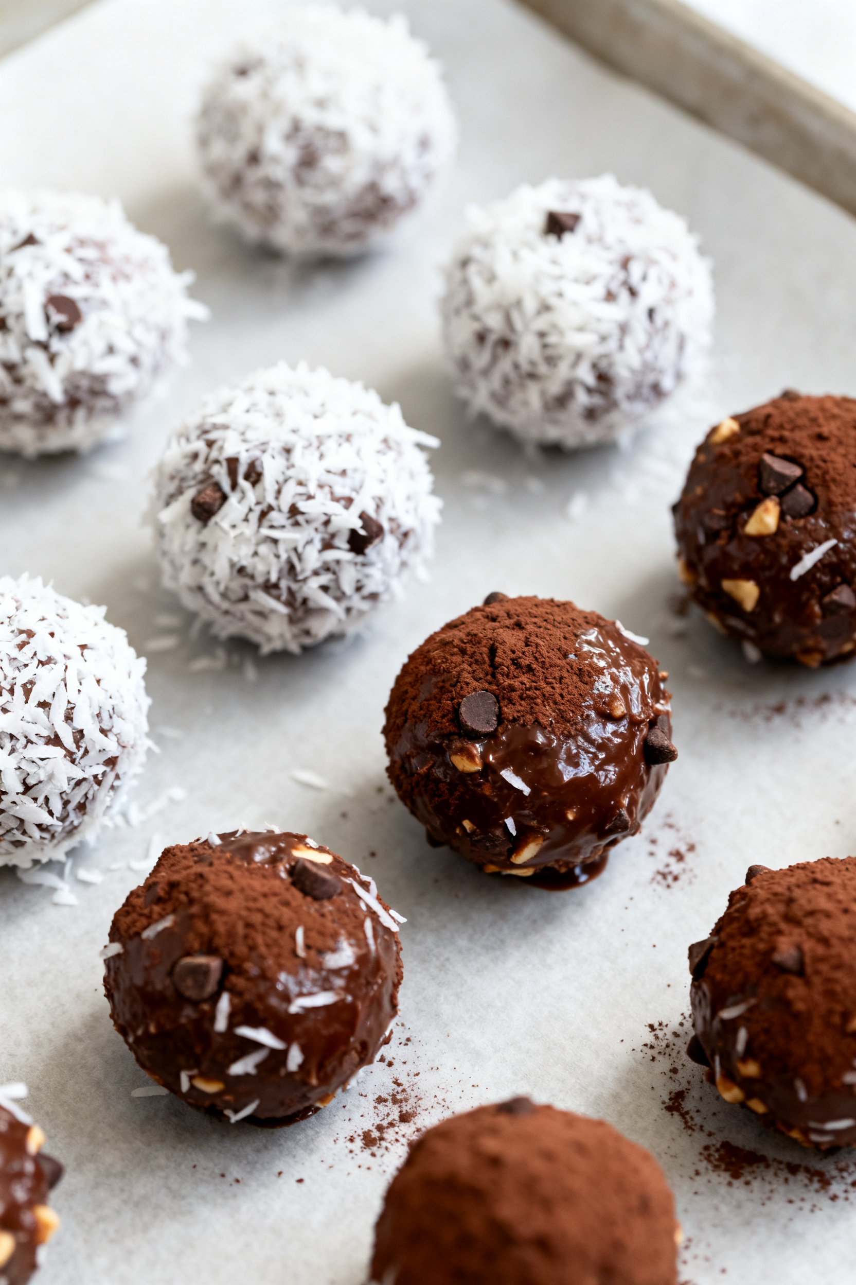 Close-up detail: Freshly rolled Chocolate Coconut Balls resting on a parchment-lined sheet just befo