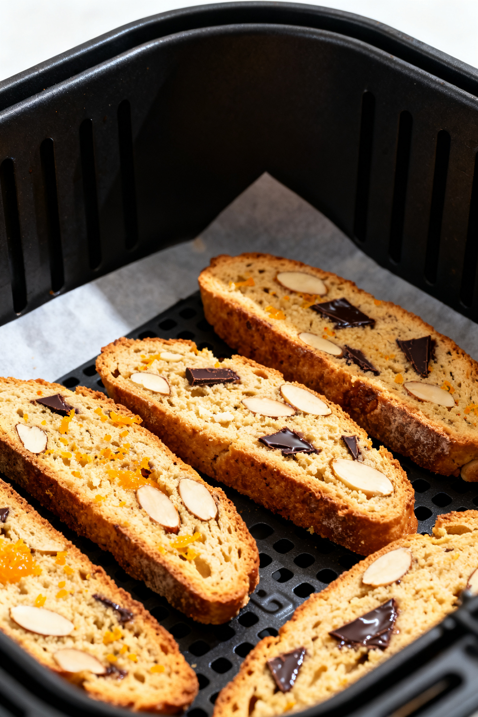 Close-up detail: Golden, twice-baked almond-orange biscotti slices just out of the air fryer basket,