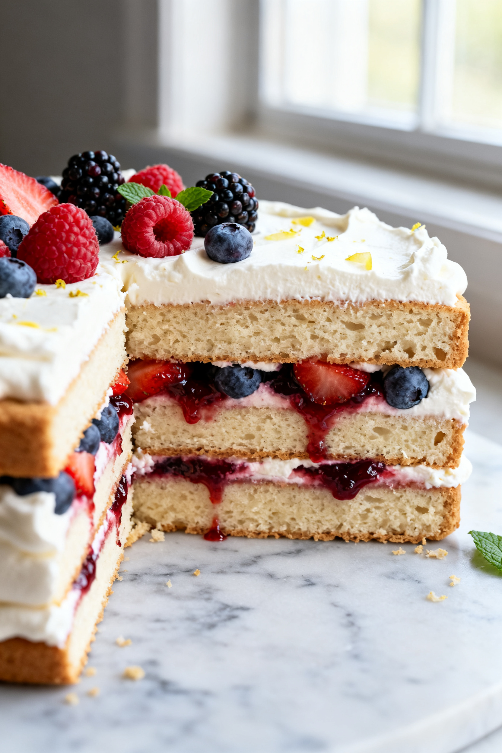 Close-up detail of a chilled slice of Mixed Berry Icebox Cake just after cutting, showing ultra-clea