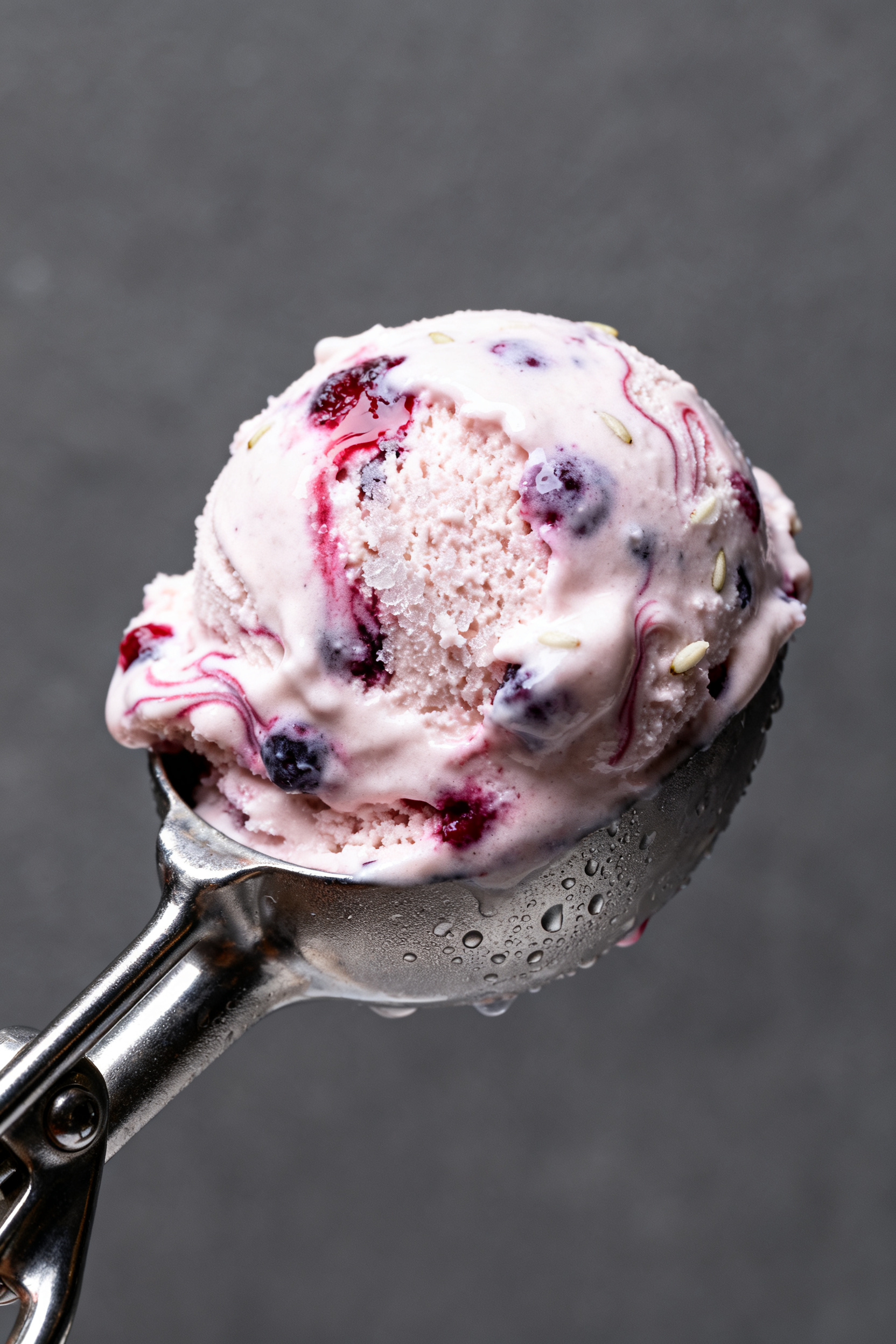 Close-up detail of final texture: Macro shot of a scoop of no-sugar berry Greek frozen yogurt just o