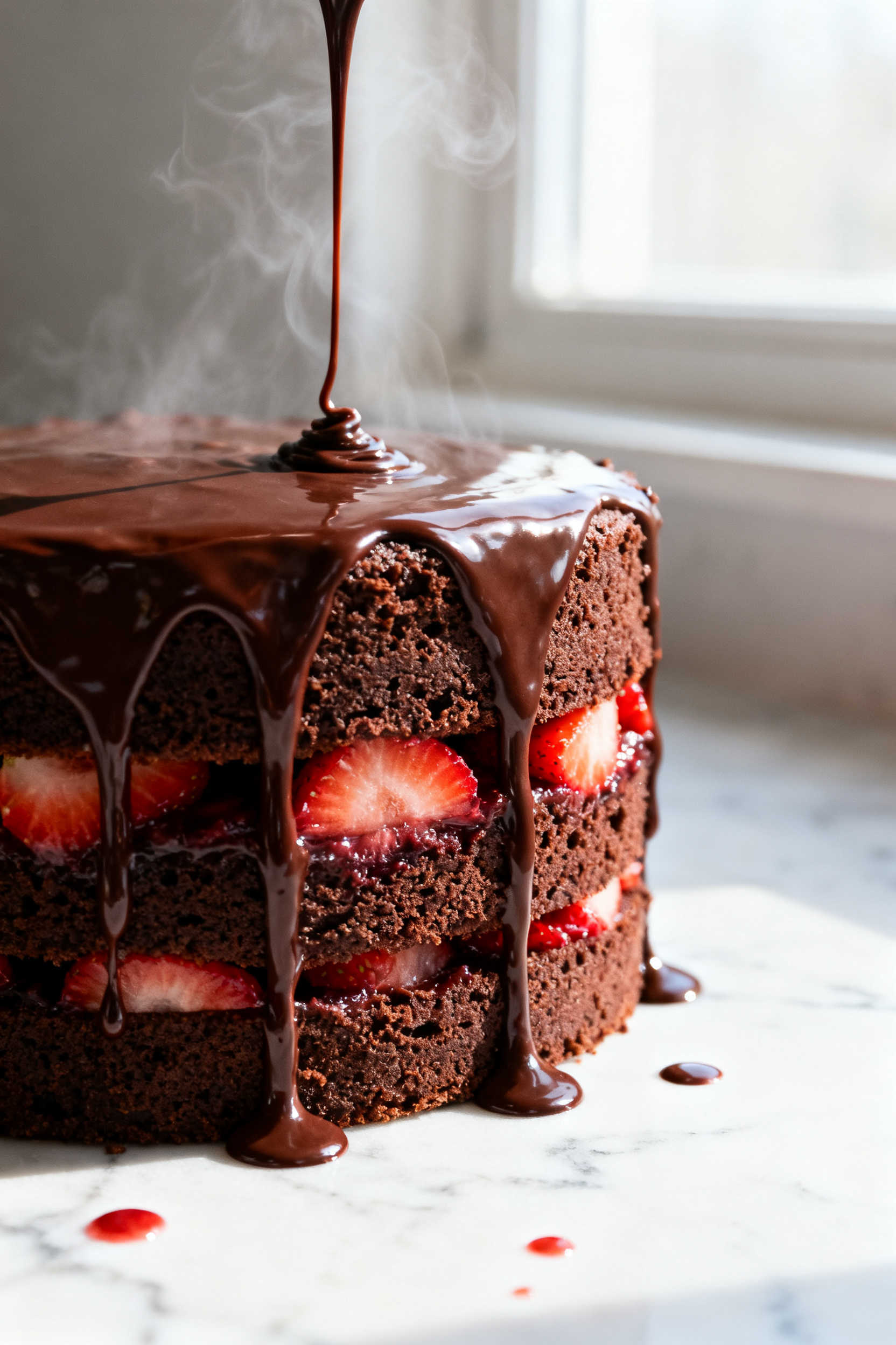 Close-up detail of the cake’s glossy chocolate ganache being poured over the assembled two-layer c