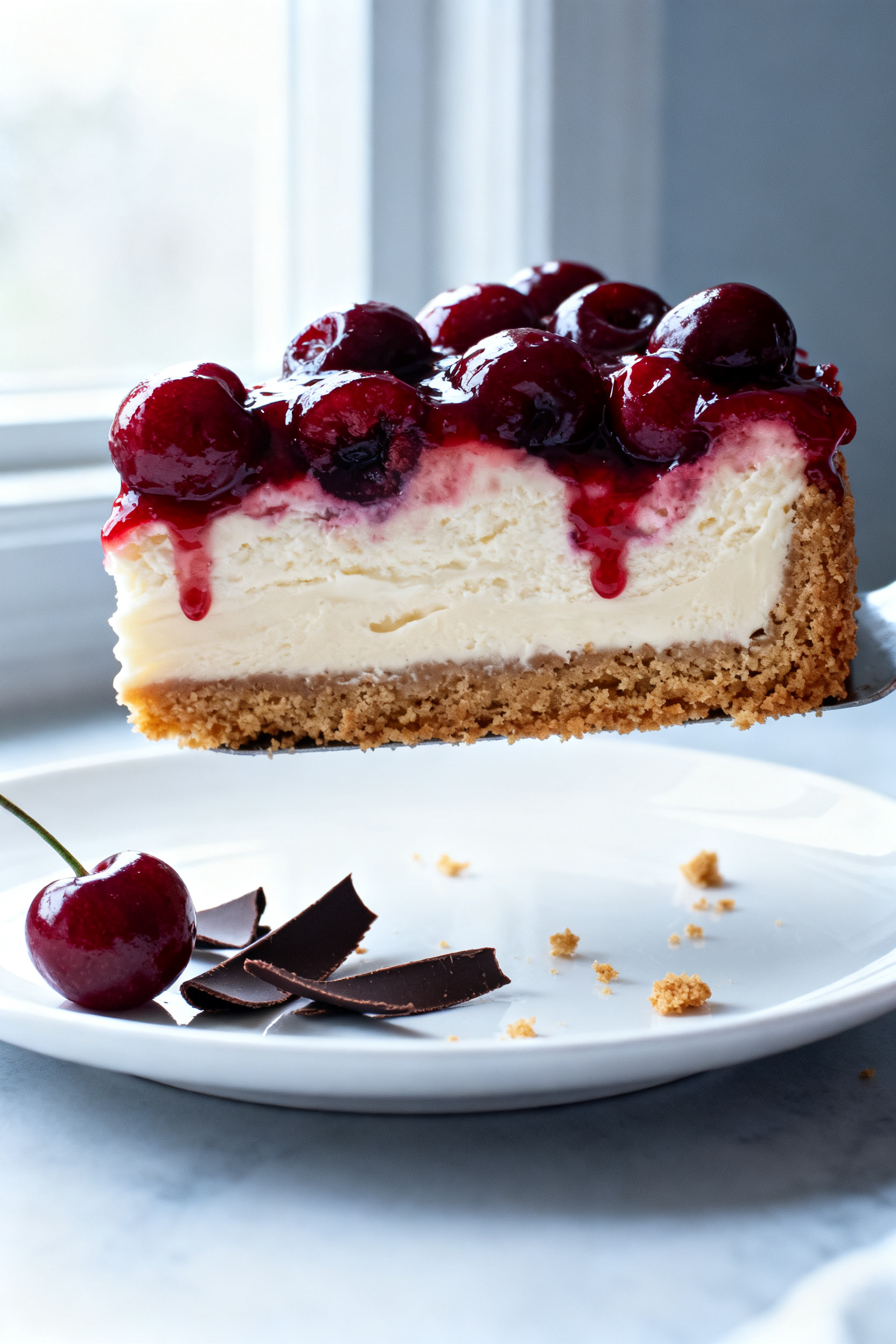 Close-up detail shot: A chilled slice of Cherry Delight Dessert lifted from the pan, showing distinc