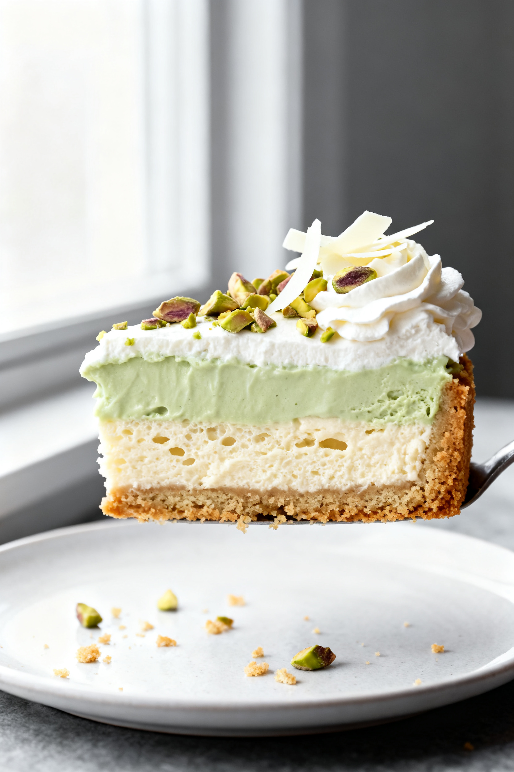 Close-up detail shot: A clean slice of Pistachio Pudding Dessert lifted from a 9x13 dish, showing di