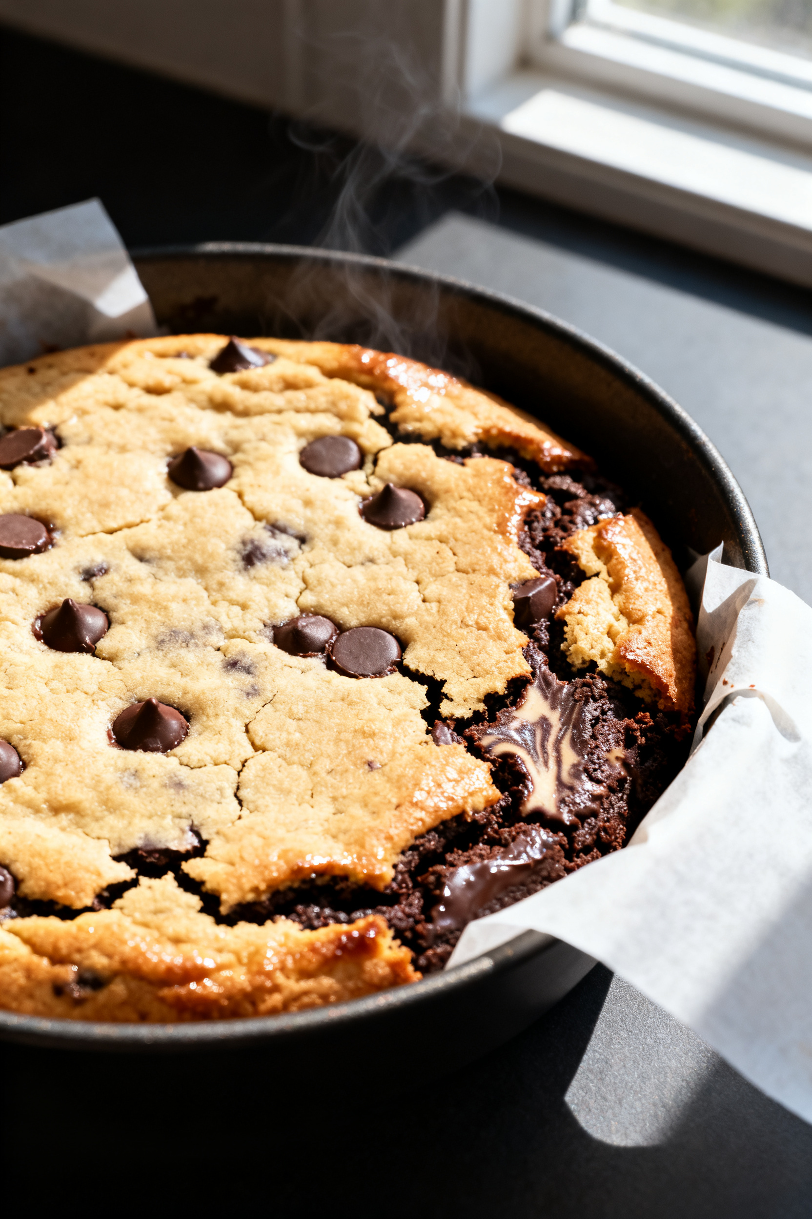 Close-up detail shot: A freshly air-fried brookie still in a 6-inch round pan, golden cookie top wit