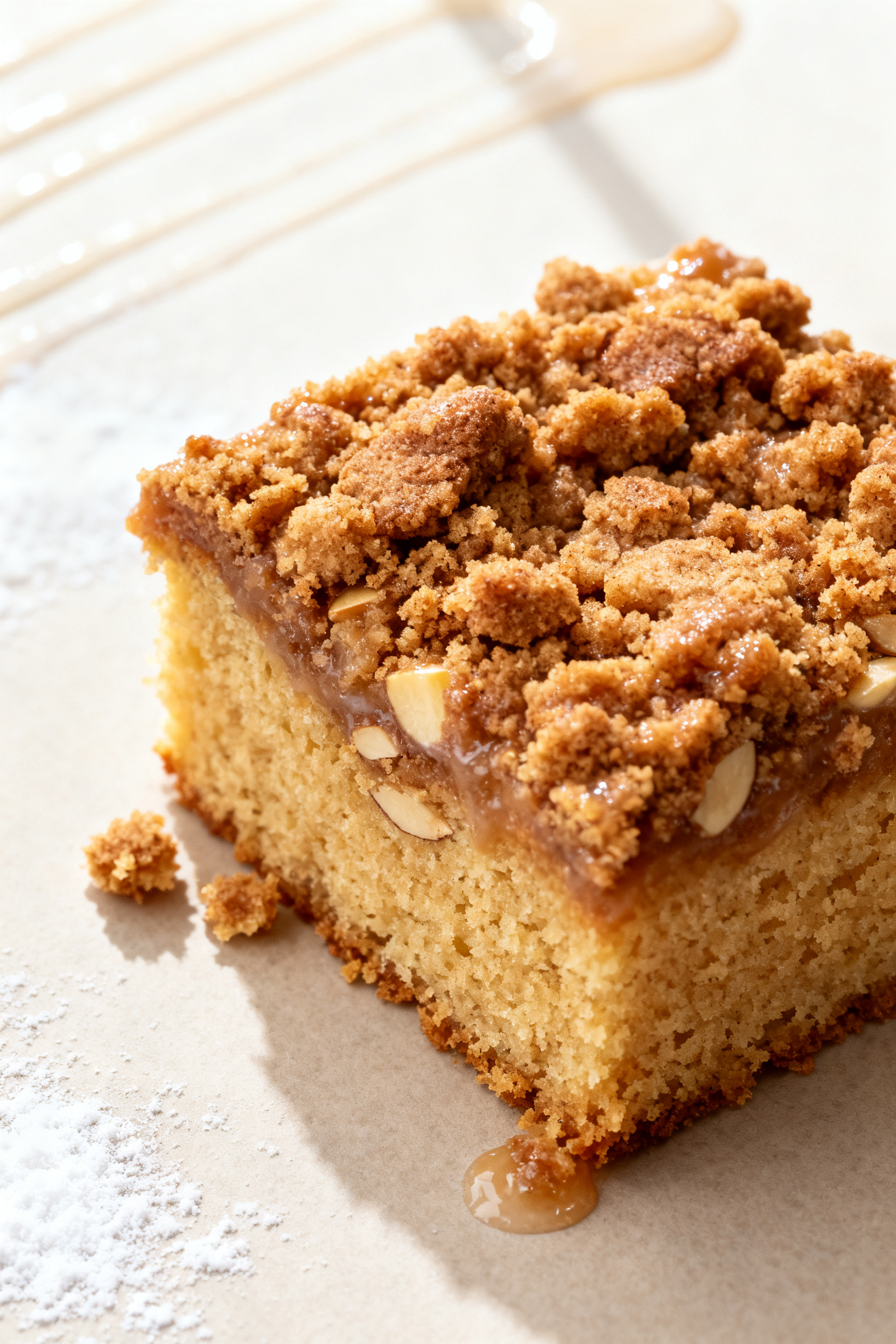 Close-up detail shot: A just-baked keto coffee cake square with a thick, crunchy cinnamon-streusel c