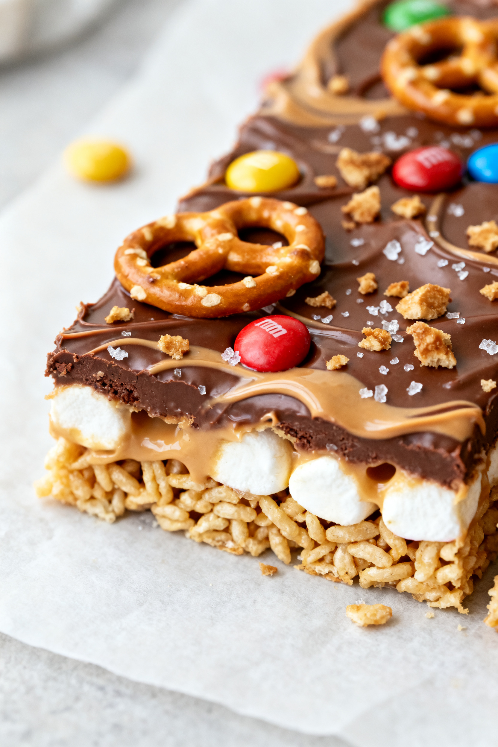 Close-up detail shot: A just-cut Marshmallow Crunch Bar square on a parchment-lined surface, showing