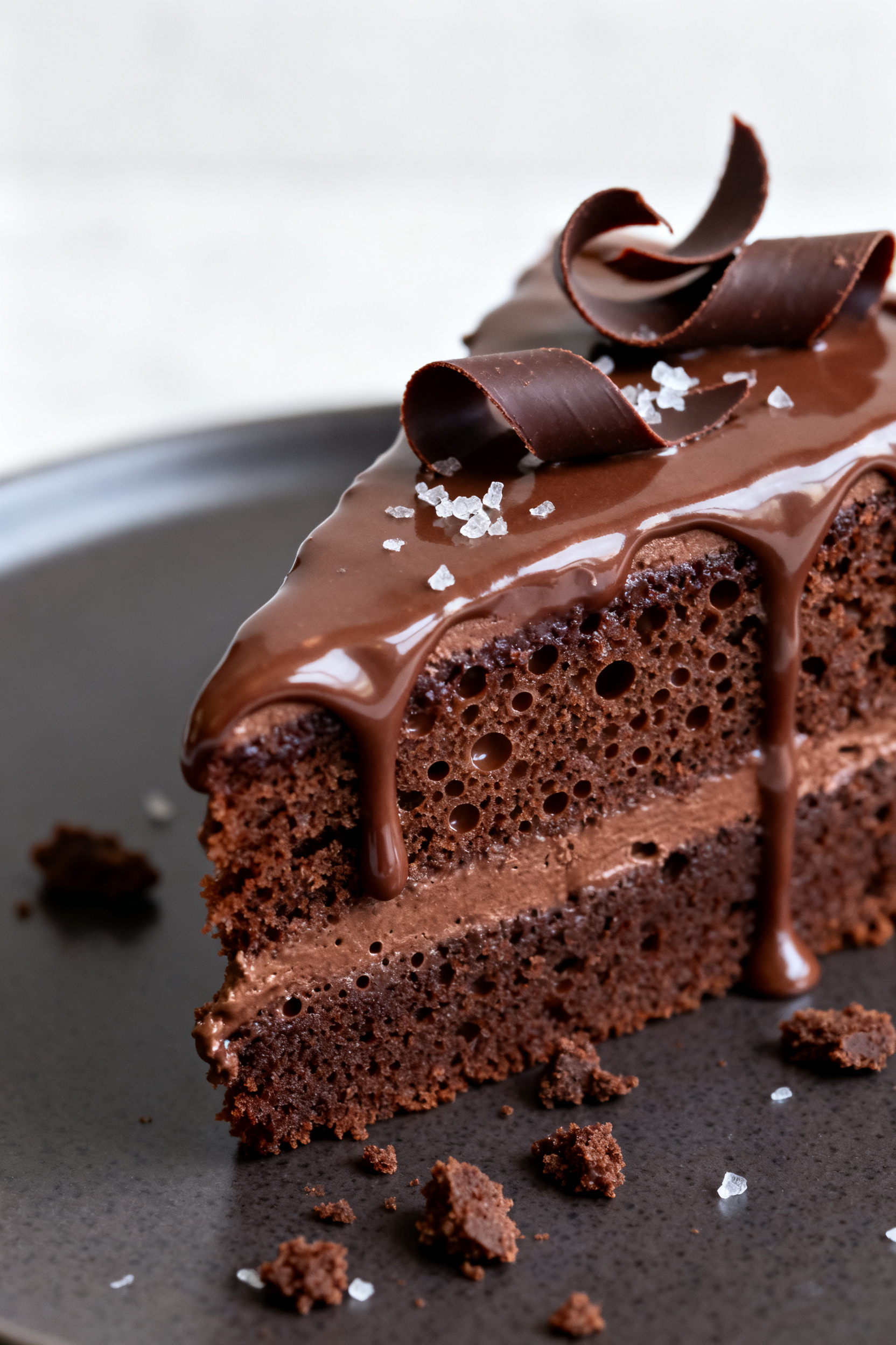 Close-up detail shot: A slice of chocolate ganache cake just cut, showing a tender, ultra-moist crum