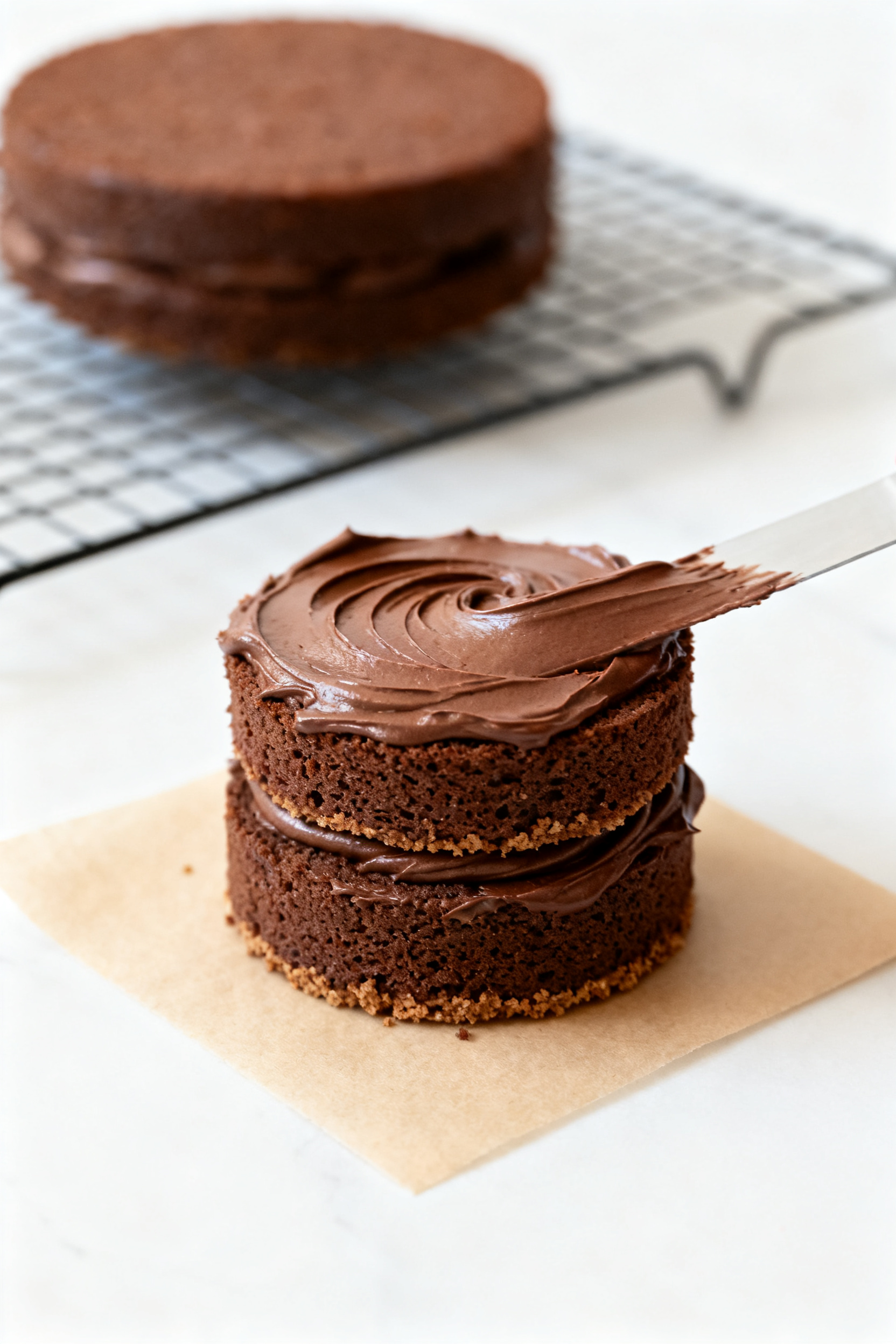 Close-up detail shot: A tiny two-layer chocolate bento cake on a parchment square, mid-frosting duri