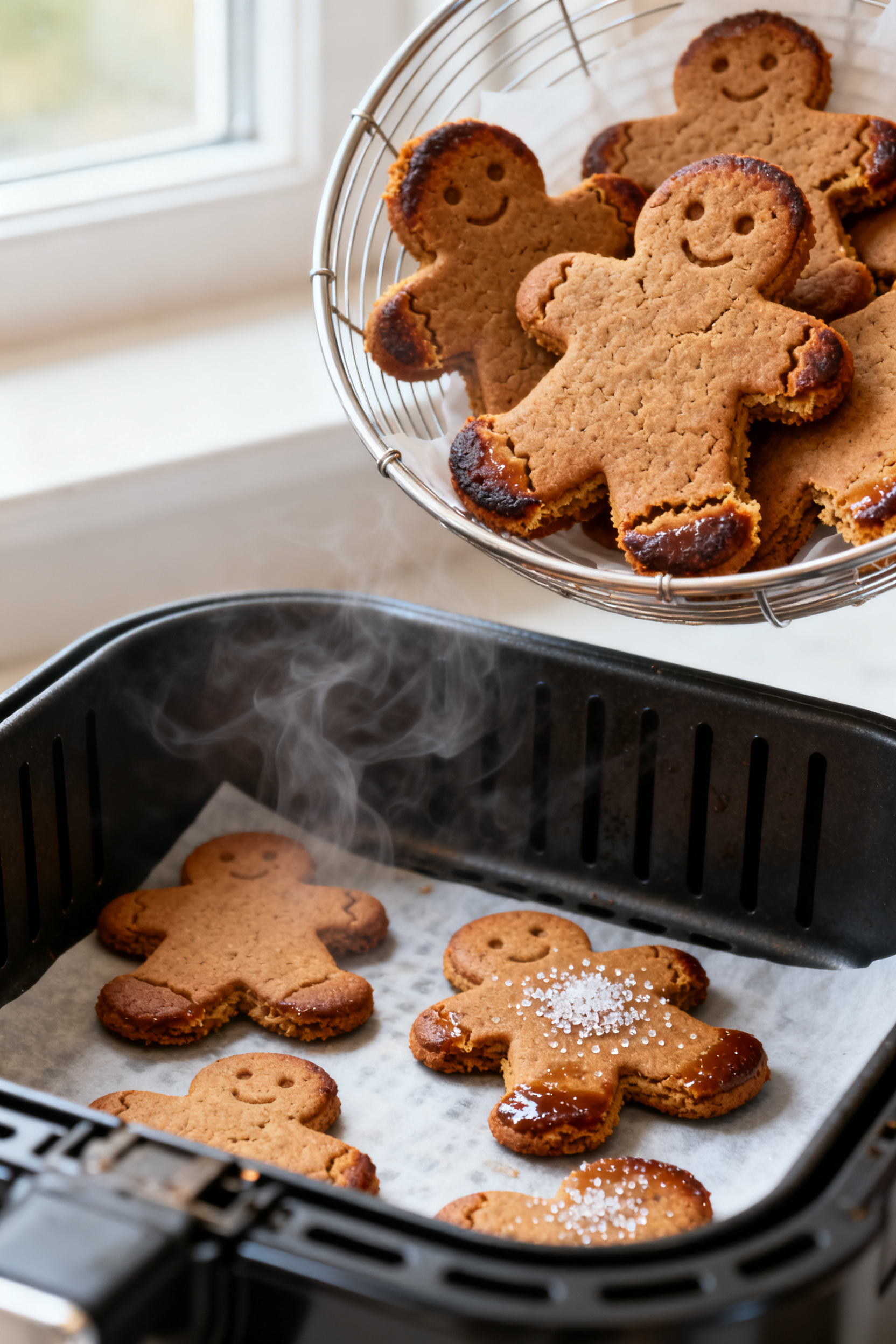 Close-up detail shot: Air-fried gingerbread men just out of the basket, edges slightly darker with a