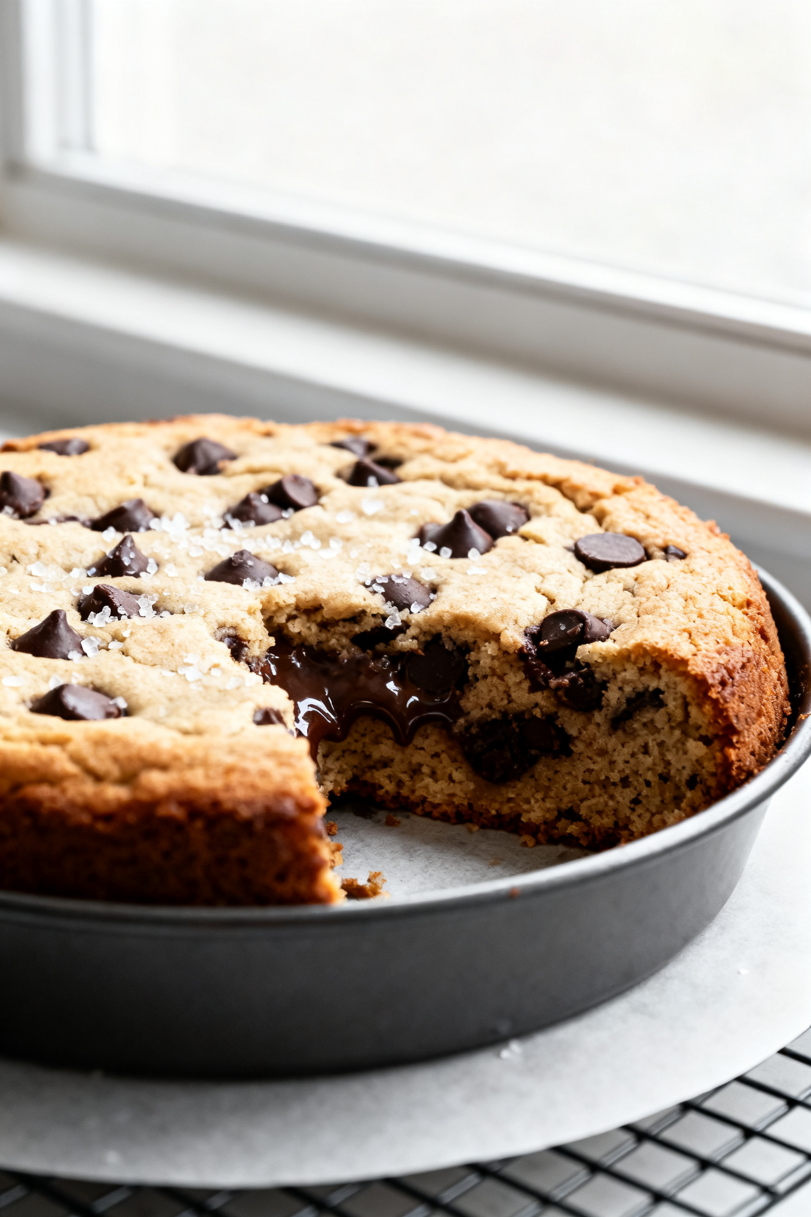 Close-up detail shot of a freshly baked chocolate chip cookie cake just out of the pan, edges deeply