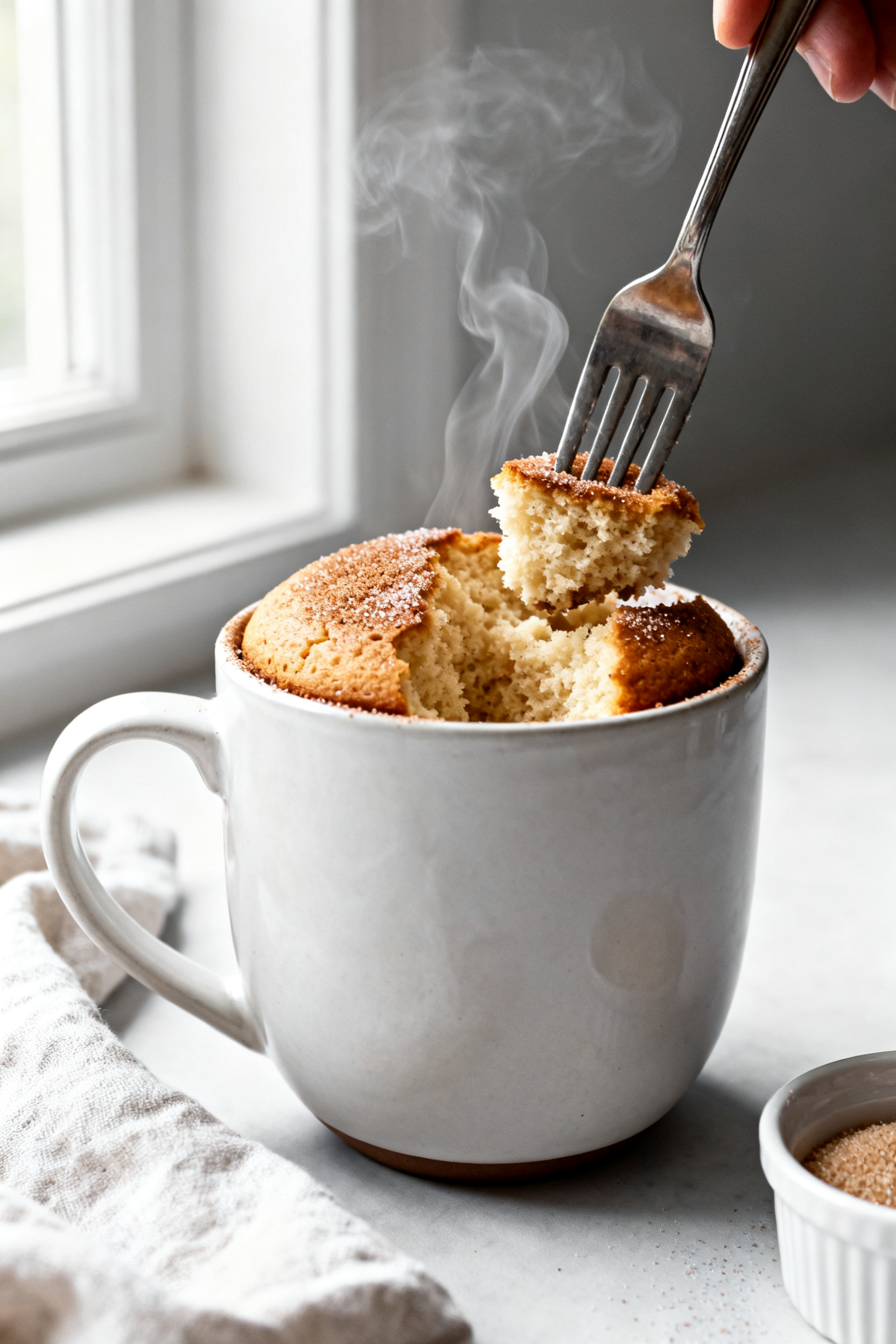 Close-up detail shot of a freshly microwaved keto cinnamon mug cake still in a wide, 12-oz ceramic m