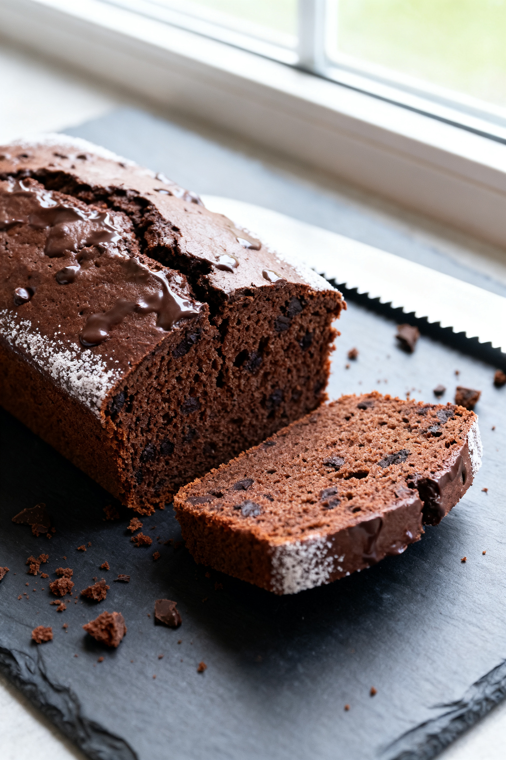 Close-up detail shot of a freshly sliced chocolate pound cake loaf showing a fine, tender crumb and